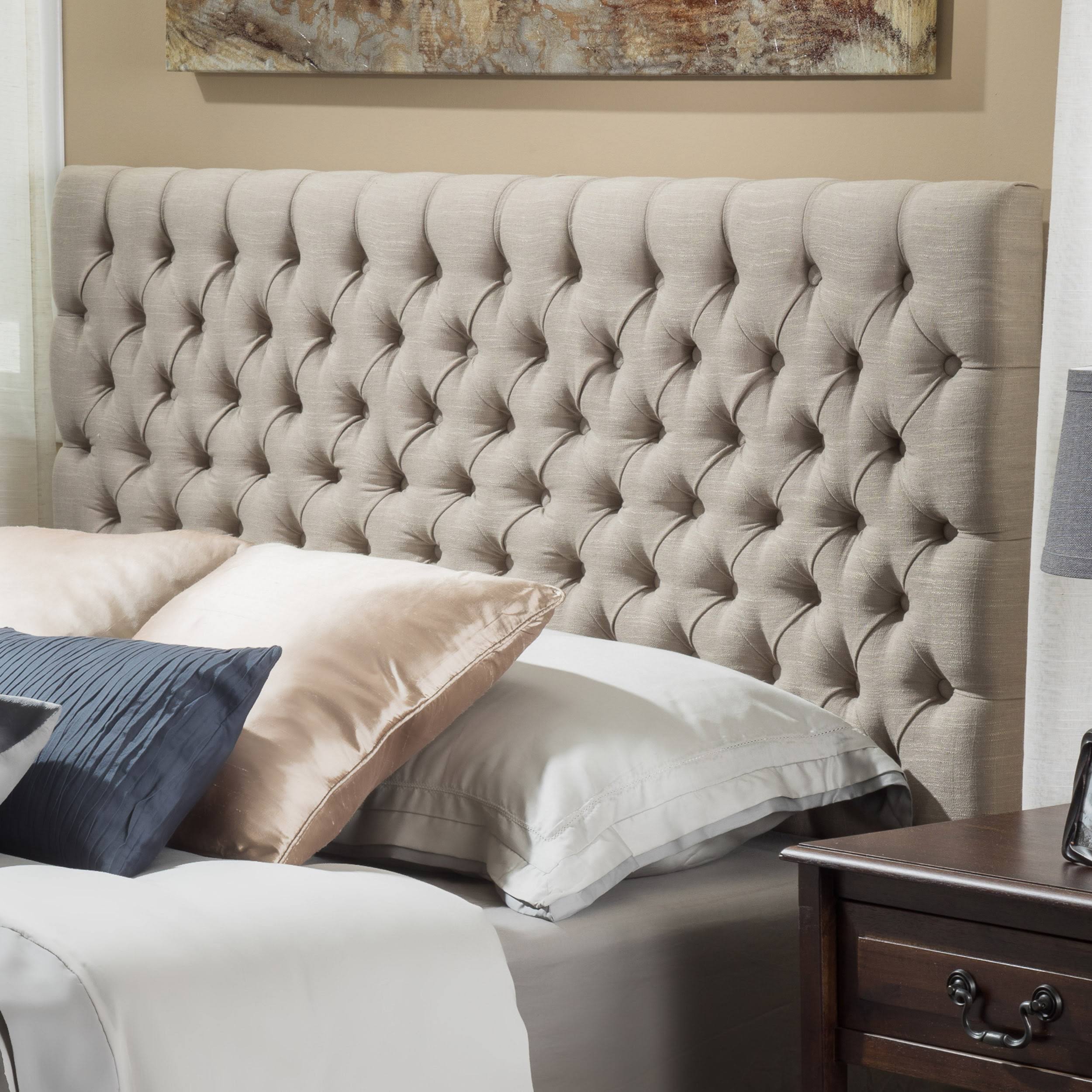 Abigail Queen Button Sand Tufted Fabric Headboard, Beige