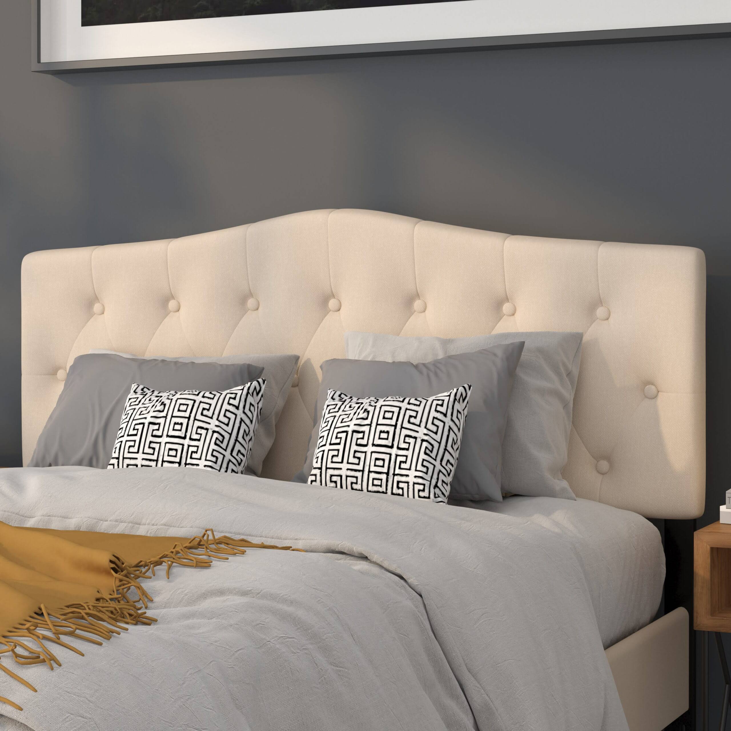 Cambridge Tufted Upholstered Queen Size Headboard in Beige Fabric