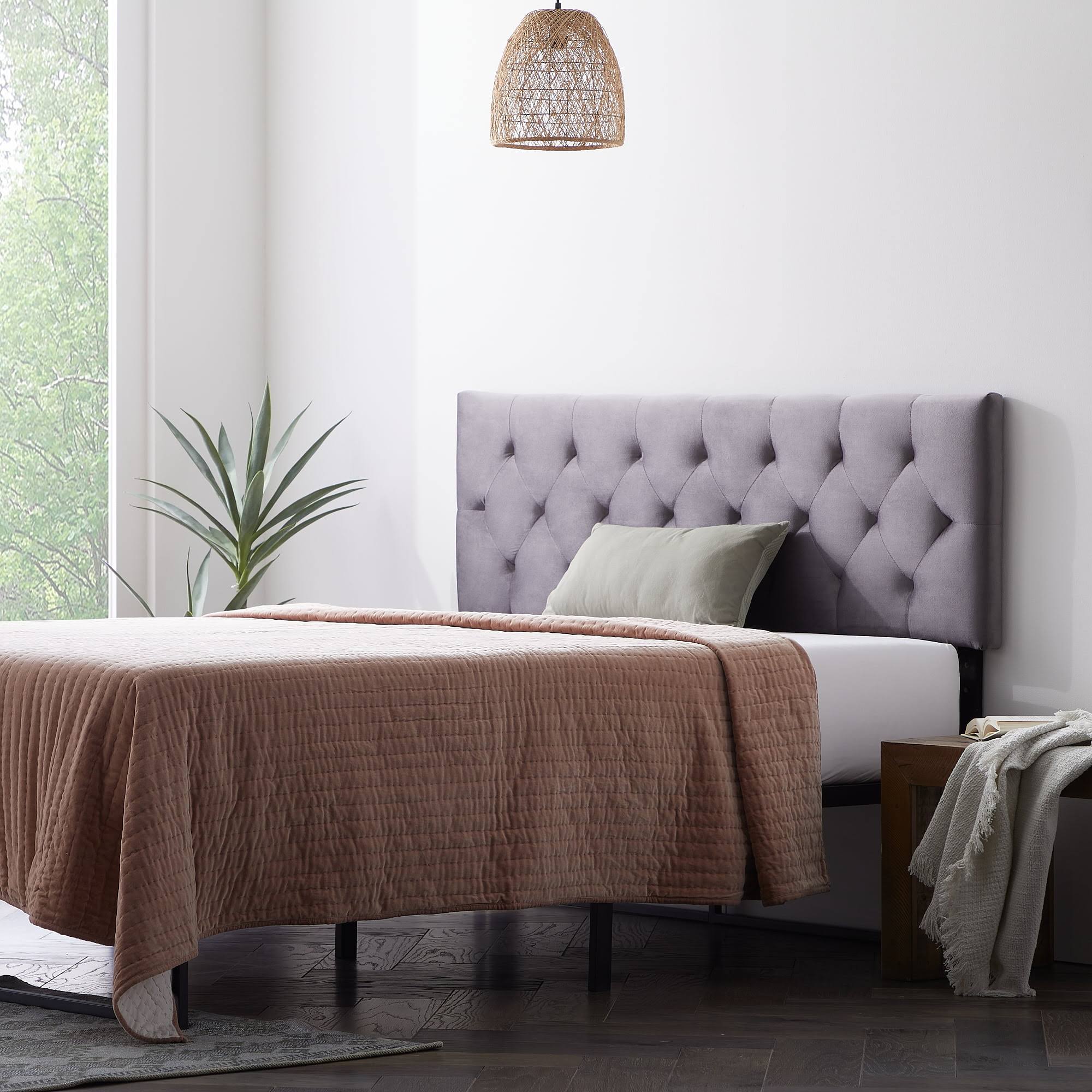 Tufted Velvet Upholstered Headboard, Full, Gray