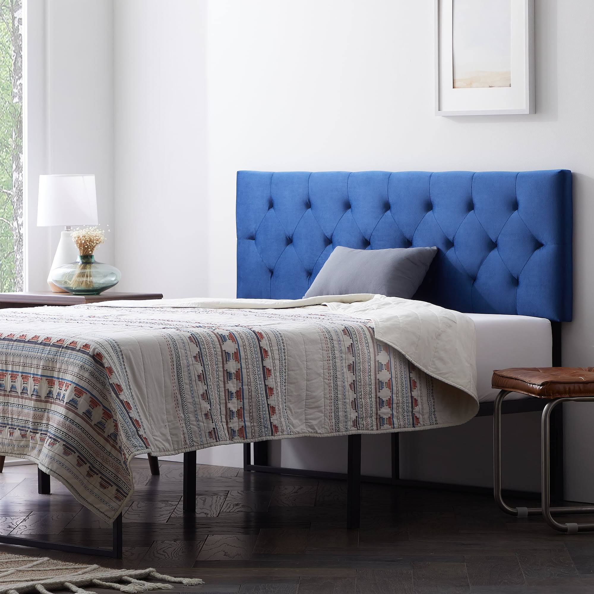 Tufted Velvet Upholstered Headboard, Full, Blue