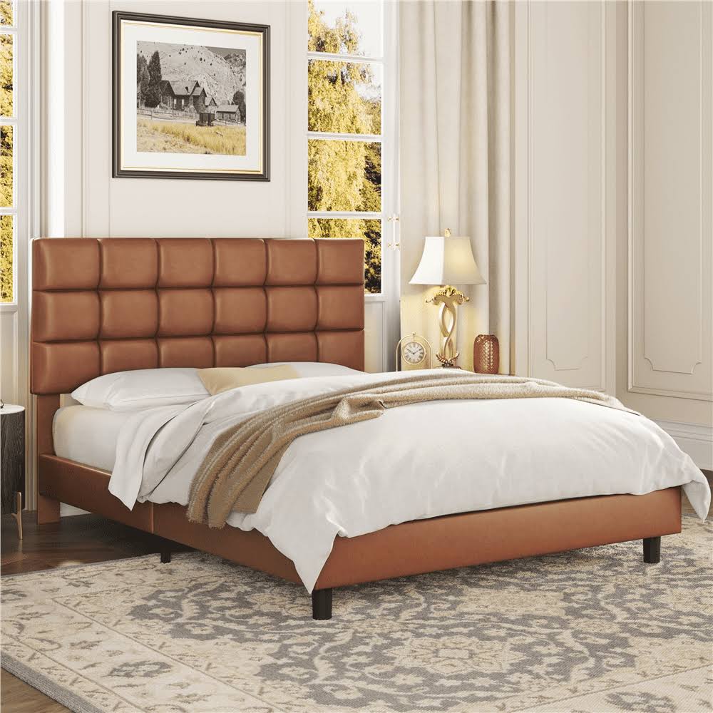 Upholstered Tufted Platform Full Bed, Amber Brown
