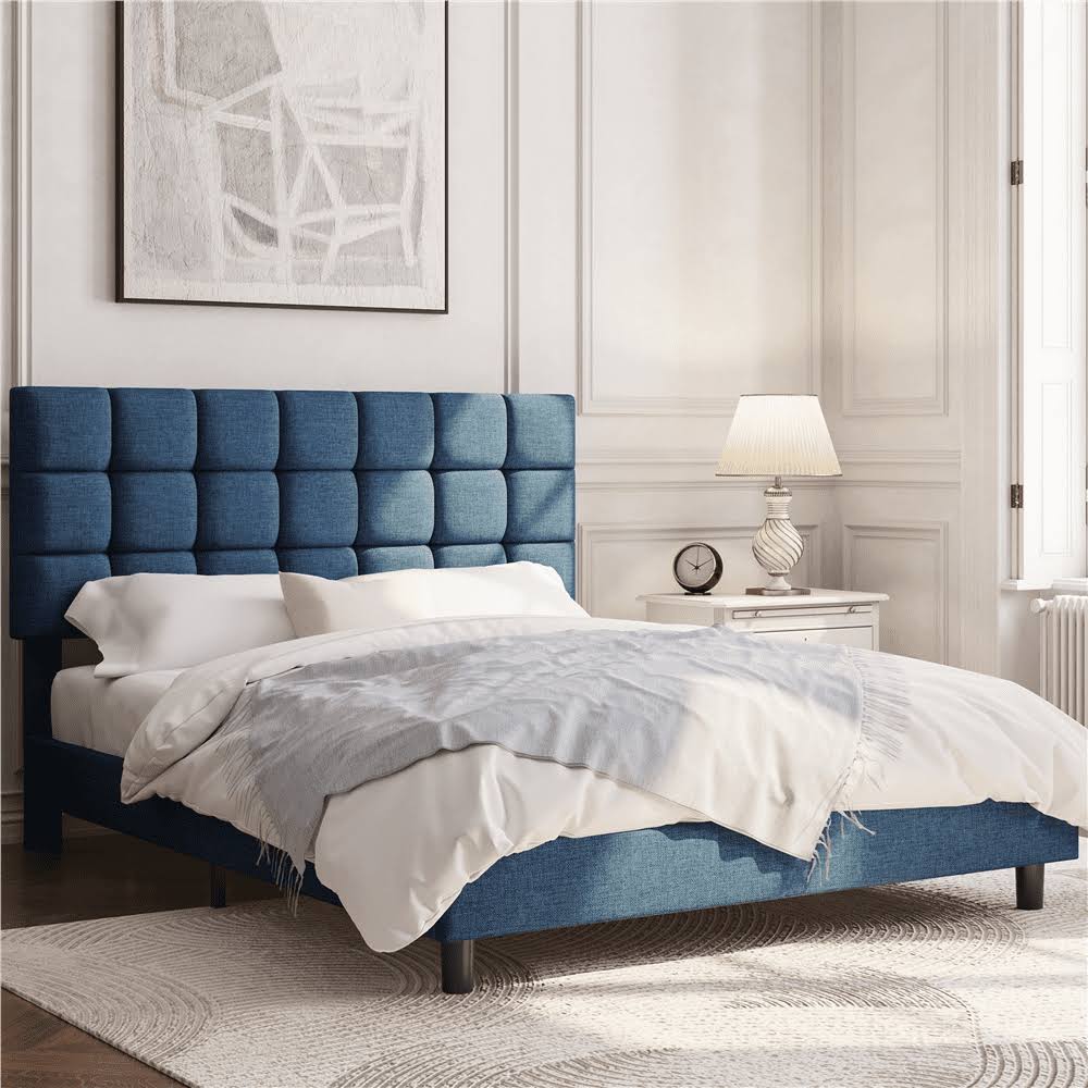 Upholstered Tufted Platform Queen Bed, Navy Blue