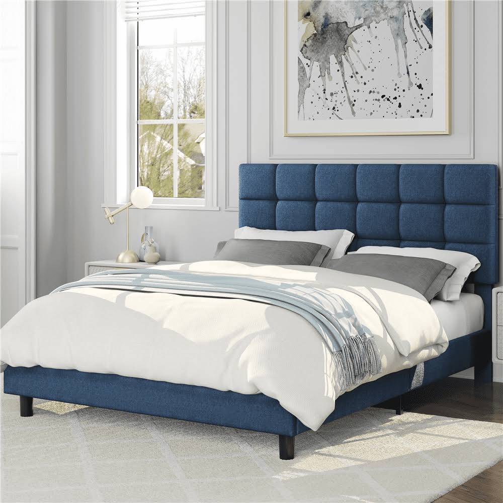 Upholstered Tufted Platform Full Bed, Navy Blue