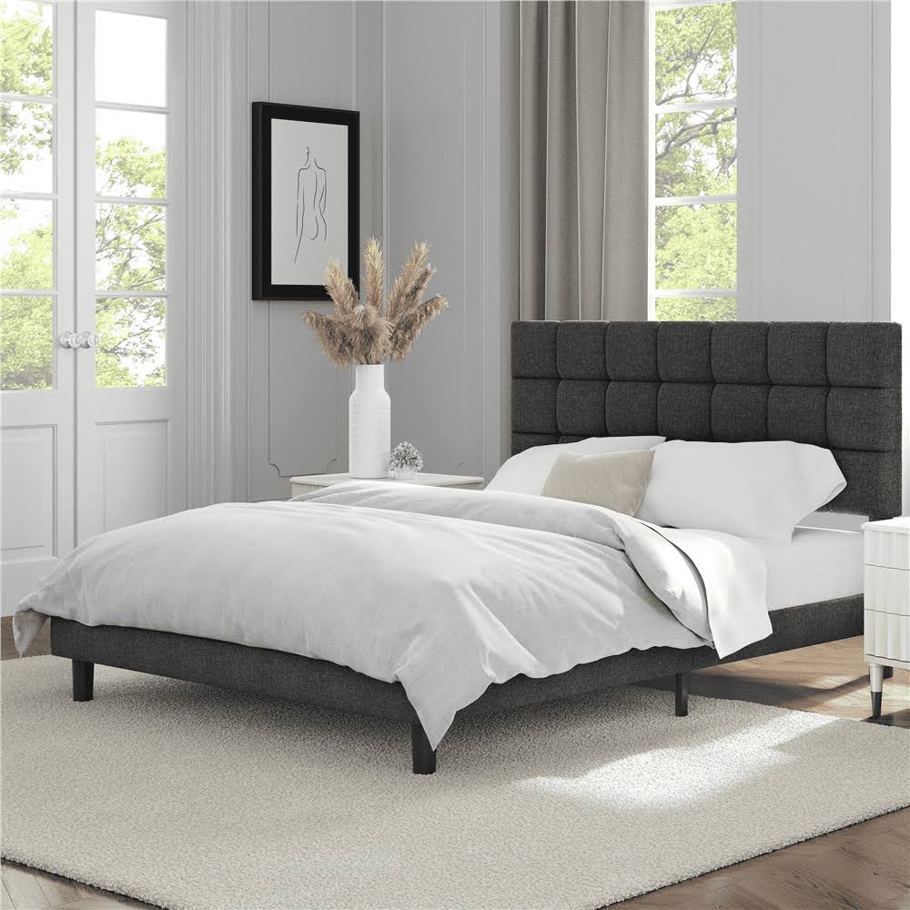 Upholstered Tufted Platform Queen Bed, Dark Gray