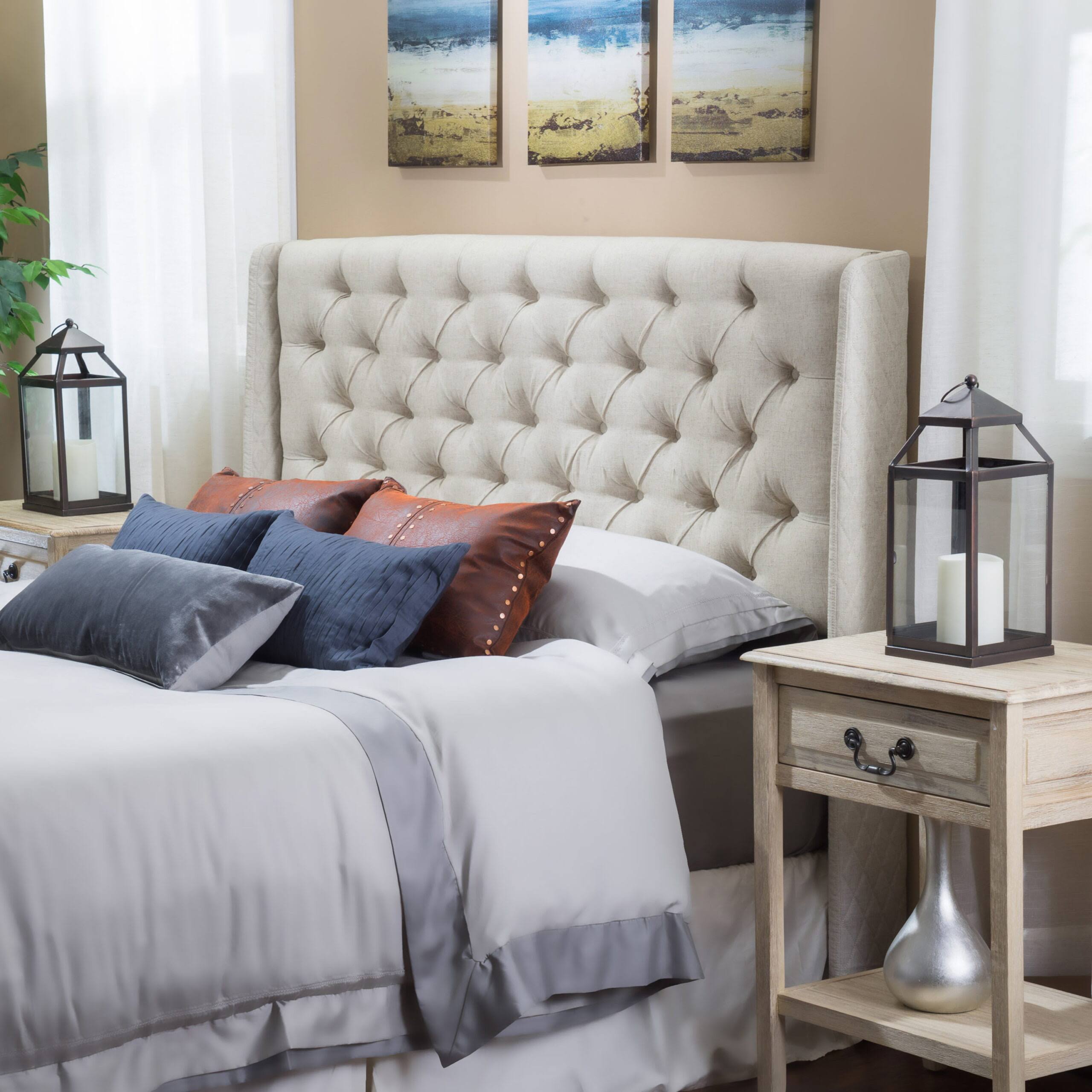 Full/Queen Wingback Tufted Beige Fabric Headboard