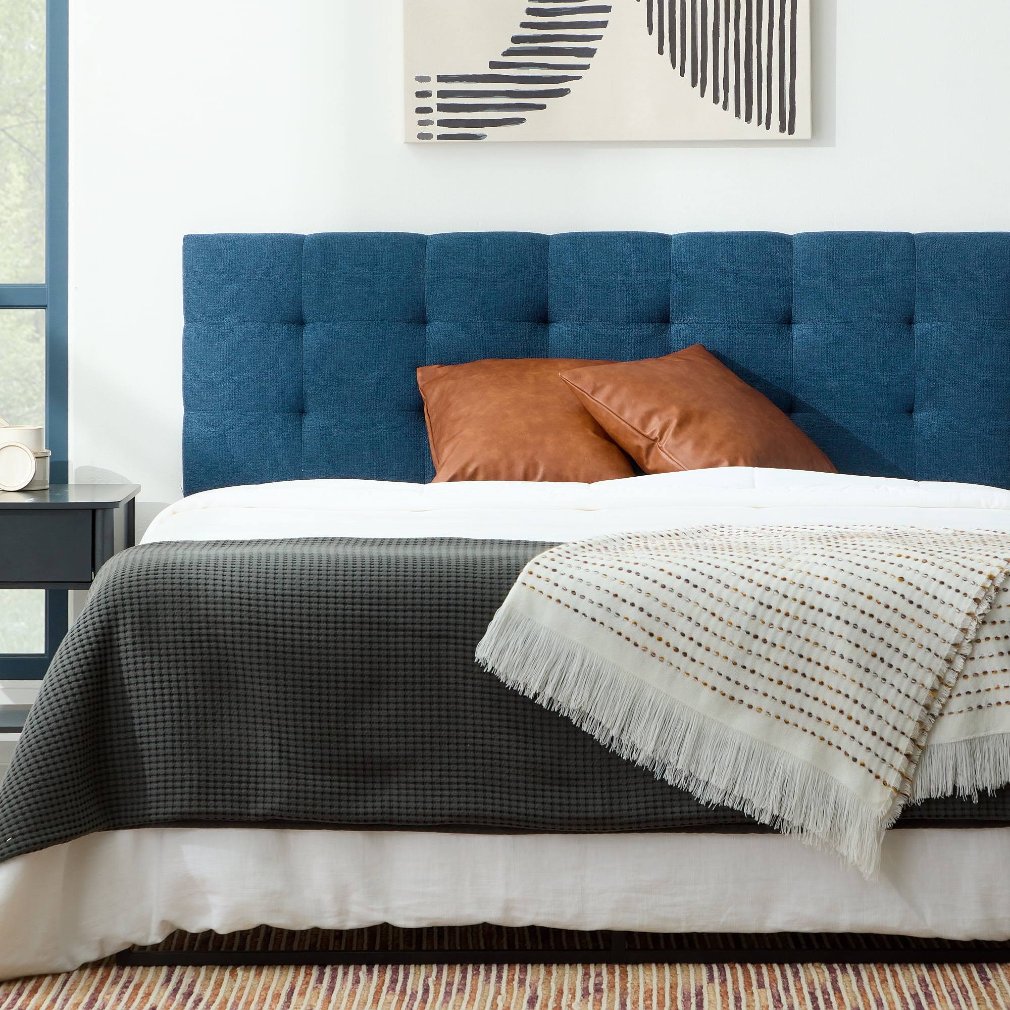 Eugene Square Tufted Upholstered Headboard, Full, Navy