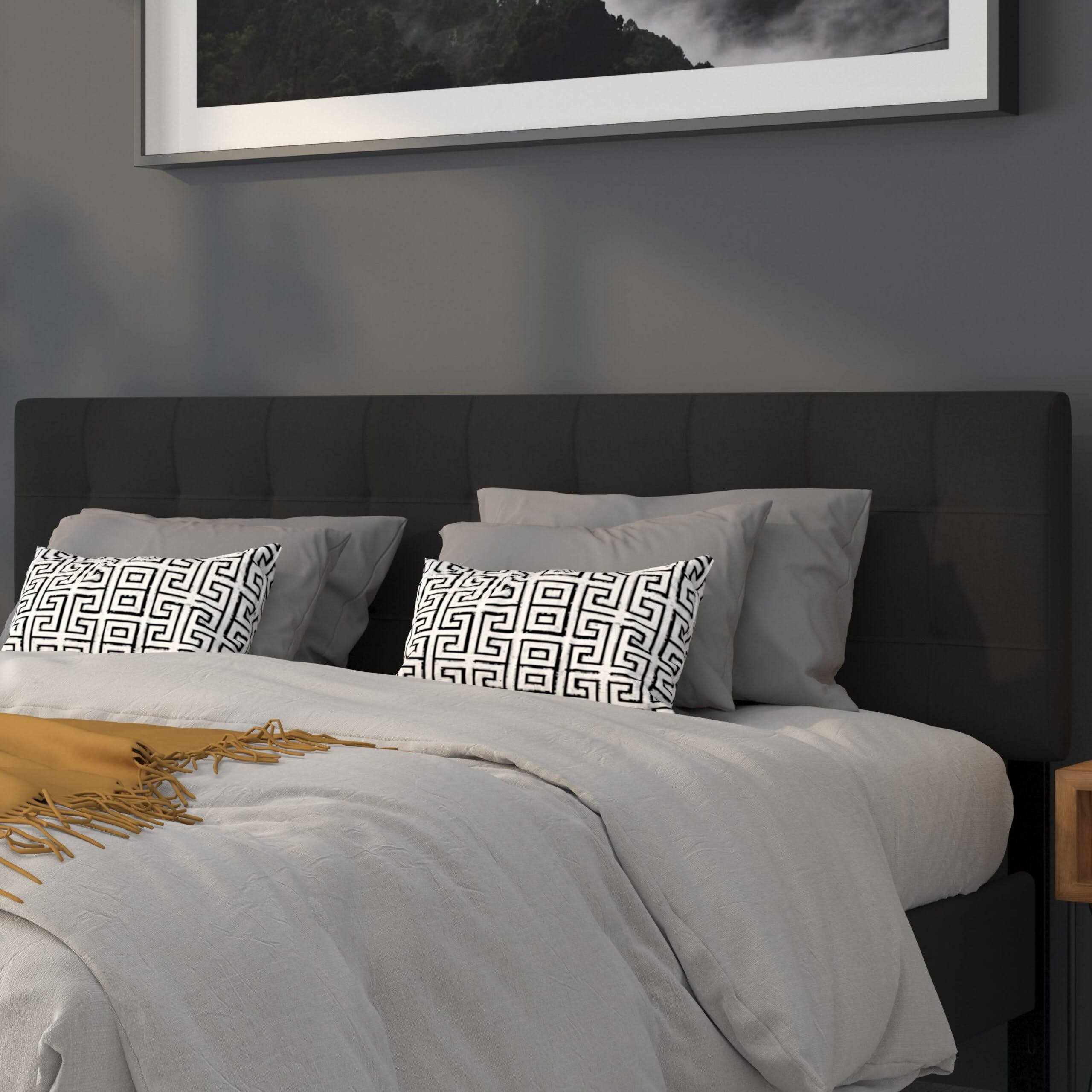 Tufted Upholstered King Size Headboard in Black Fabric