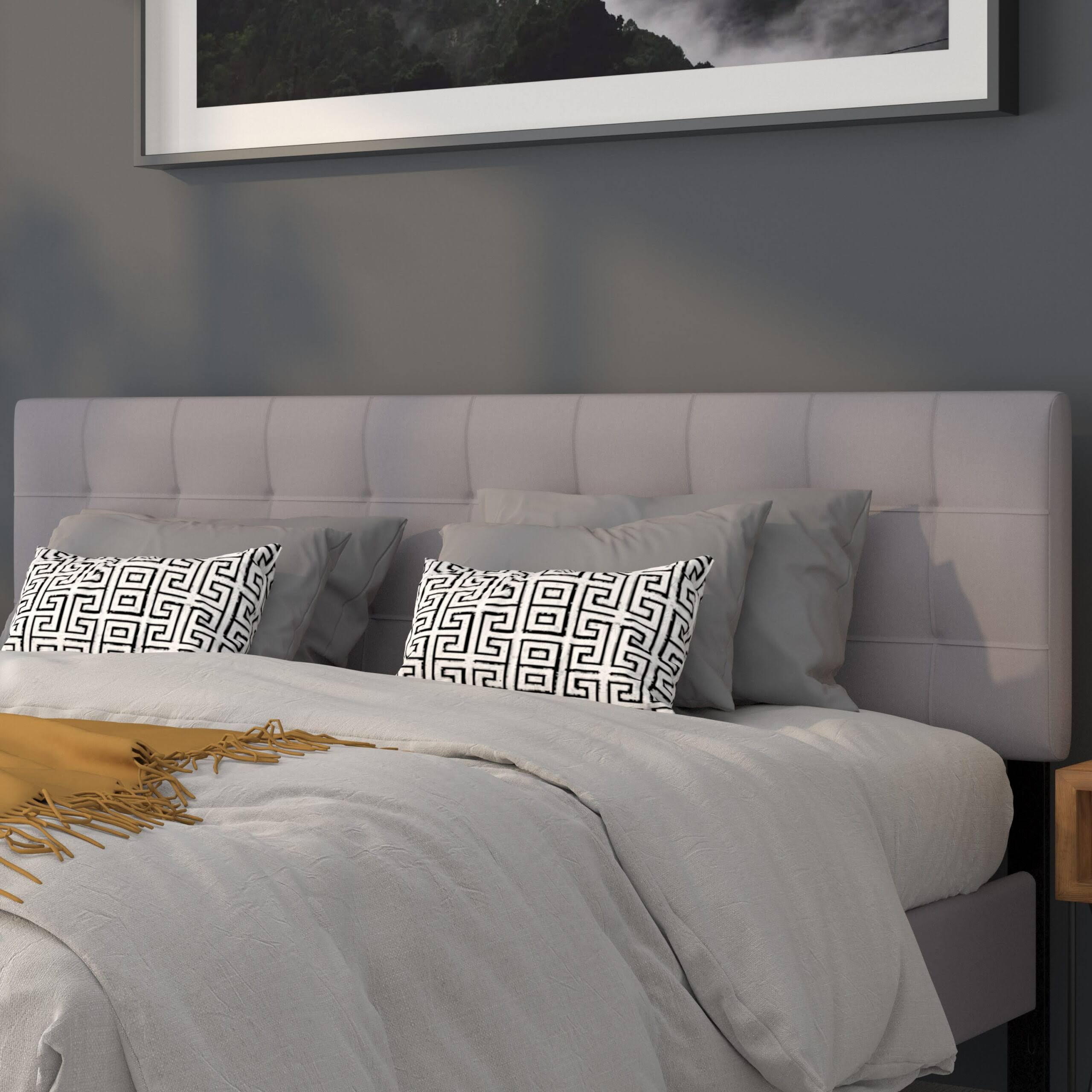 Tufted Upholstered King Size Headboard in Light Gray Fabric