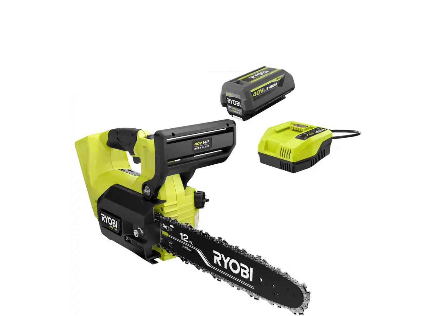 RY40590 40V HP Brushless 12 in. Top Handle Cordless Battery Chainsaw with 4.0 Battery and Charger