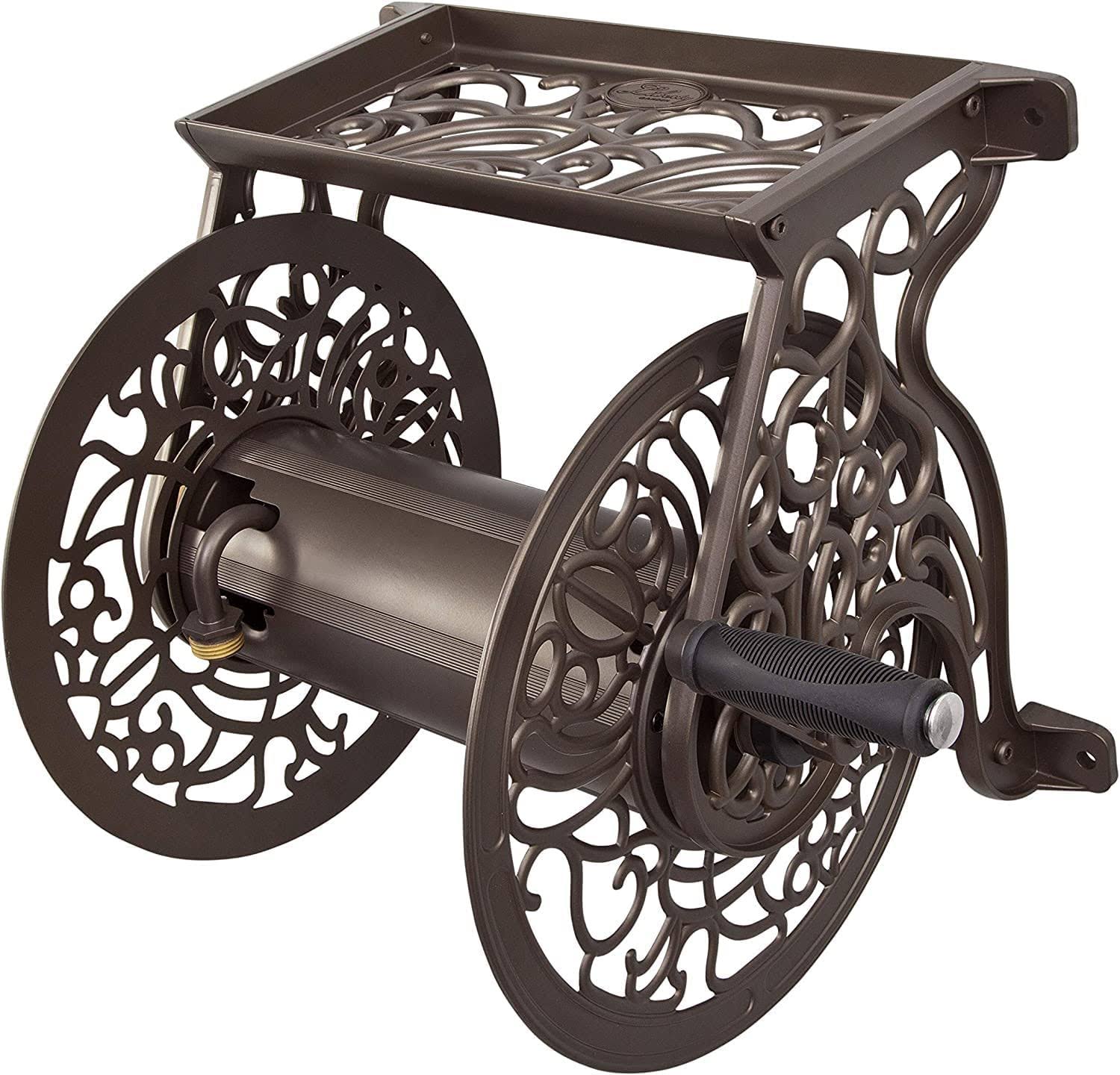 Liberty GARDEN 704 ative Cast Aluminum Wall Mount Garden Hose Reel, Holds 125-Feet of 5/8-Inch Hose   Bronze