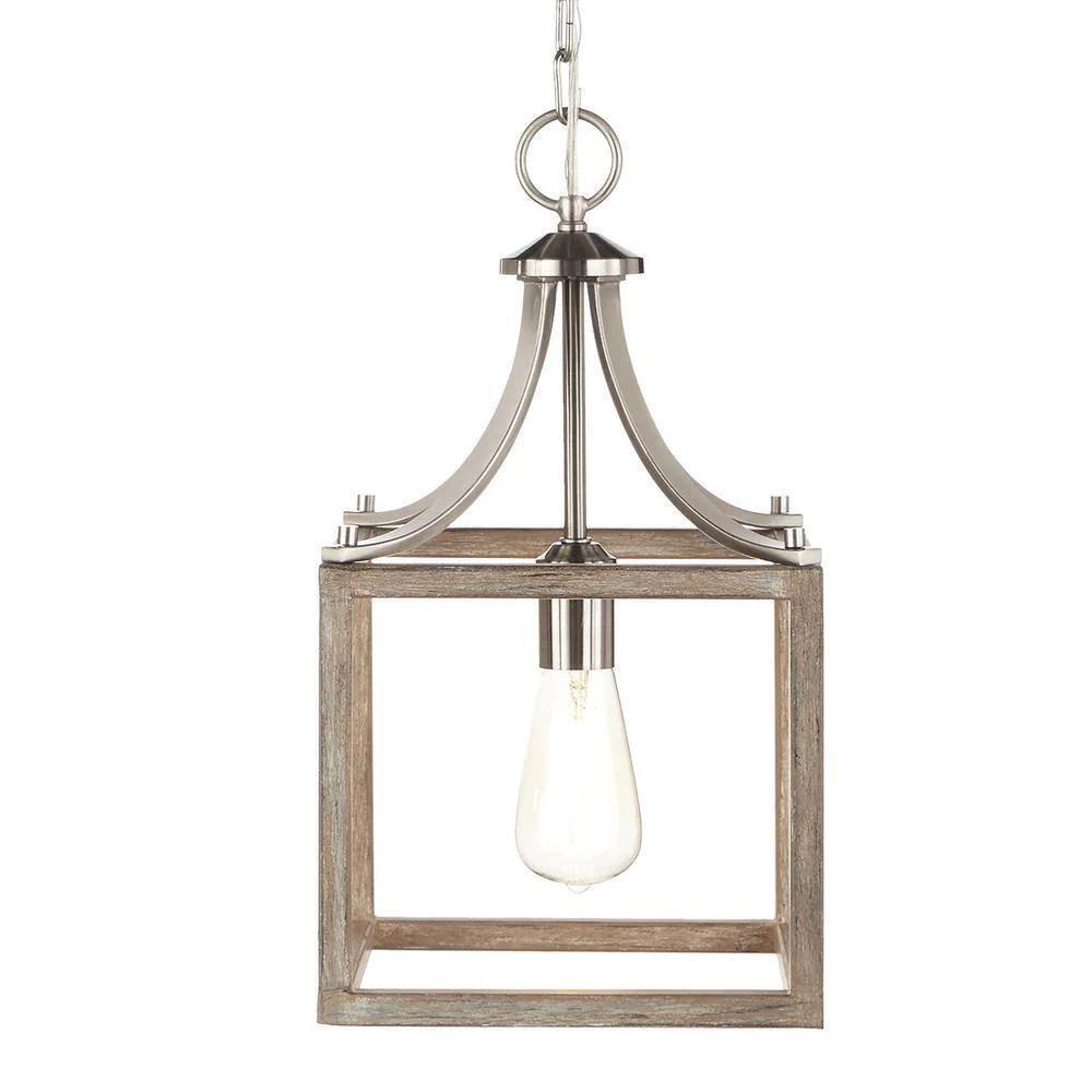 7947HBBNDI  1-Light Brushed Nickel Mini-Pendant with Weathered Wood Accents