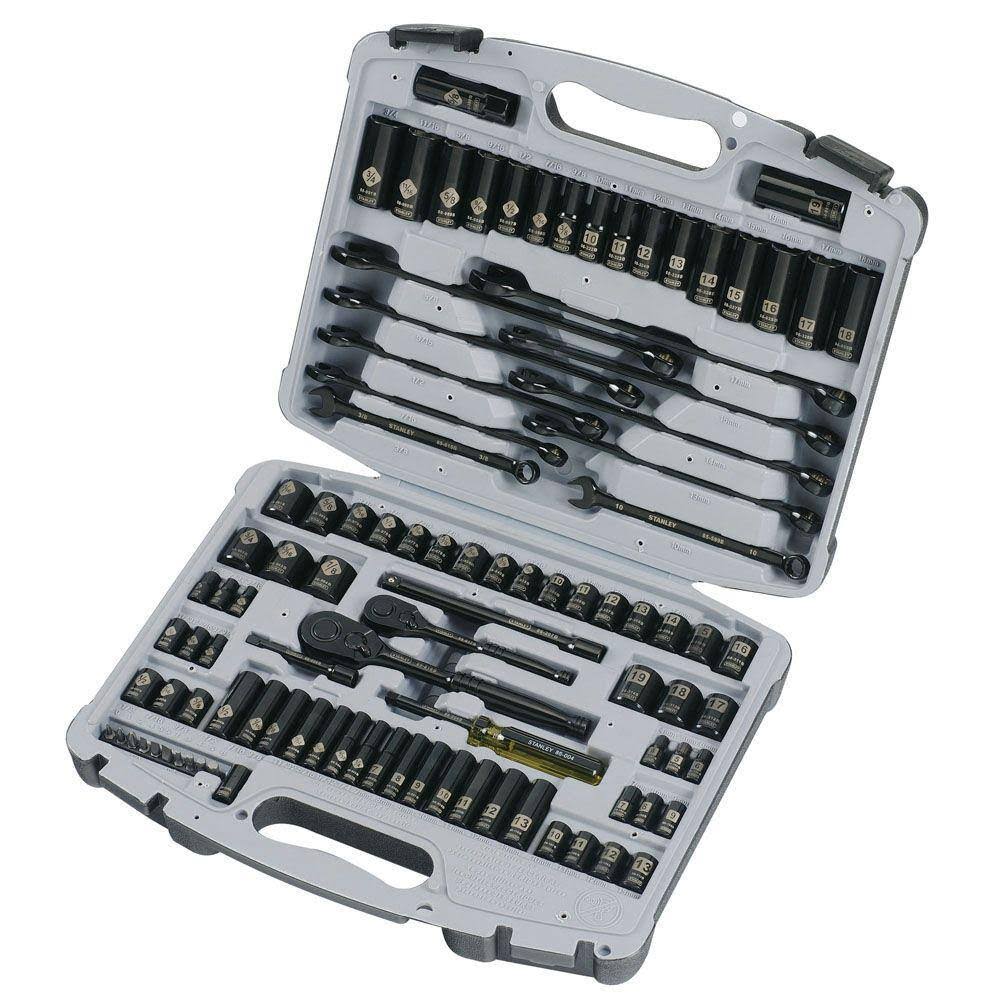 Stanley 92-839 1/4 in.   3/8 in. Drive Black Chrome Laser Etched SAE   Metric Mechanics Tool Set (99-Piece)
