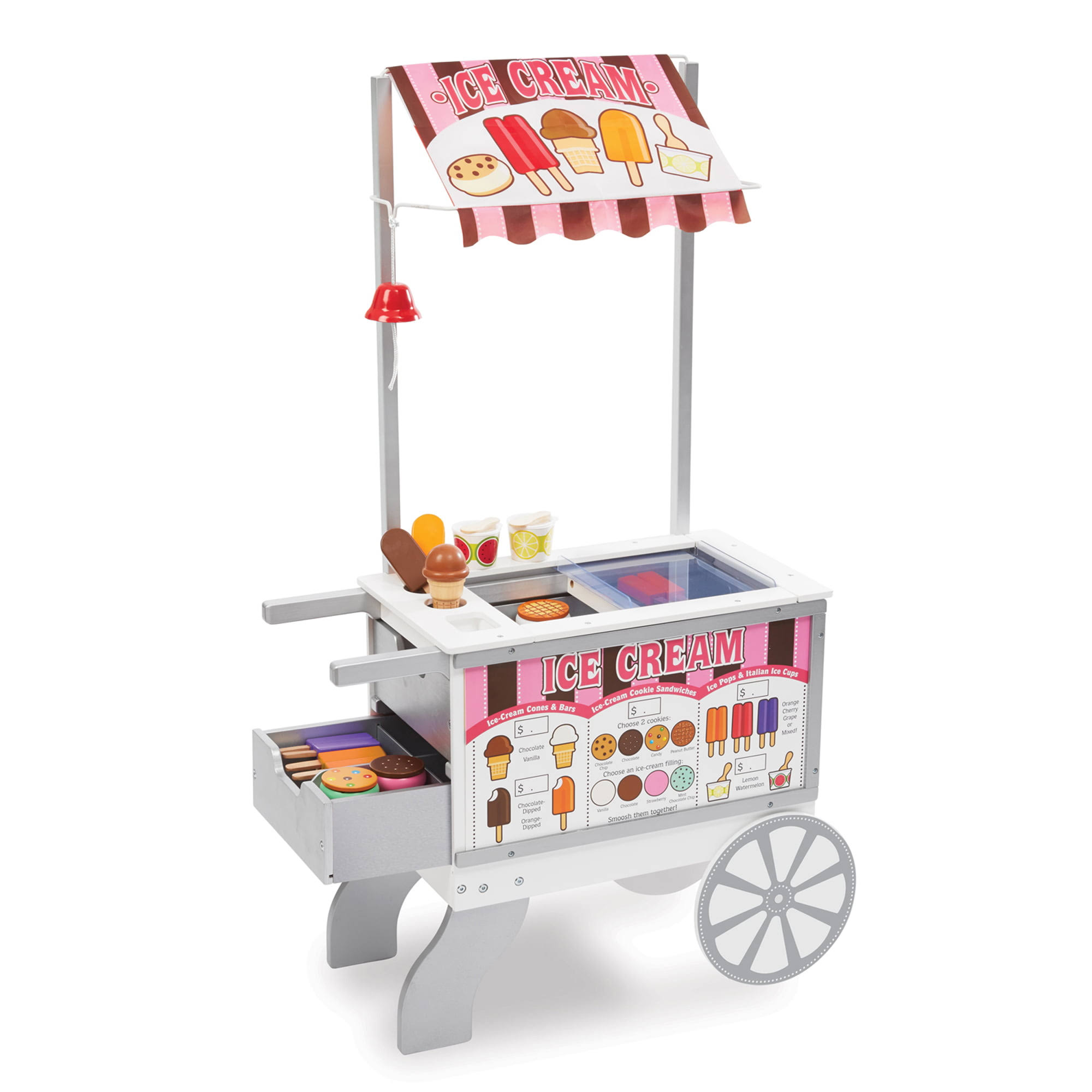 Melissa   Doug Wooden Snacks and Sweets Food Cart   40+ Play Food pcs, Reversible Awning