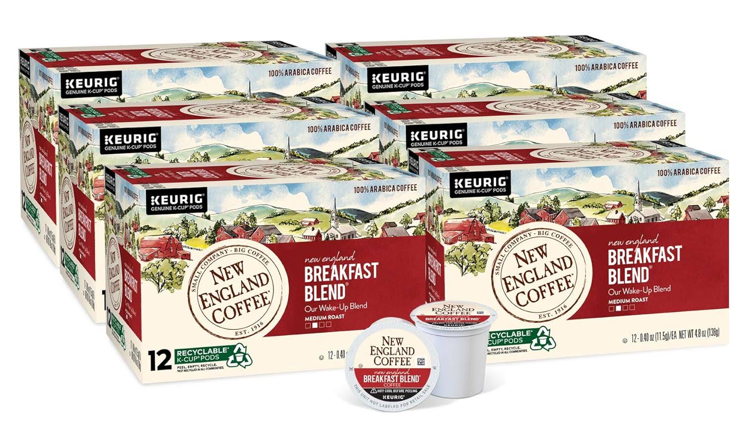 New England Coffee Breakfast Blend Medium Roast Single Serve Pods, 12ct Box (Pack of 6)