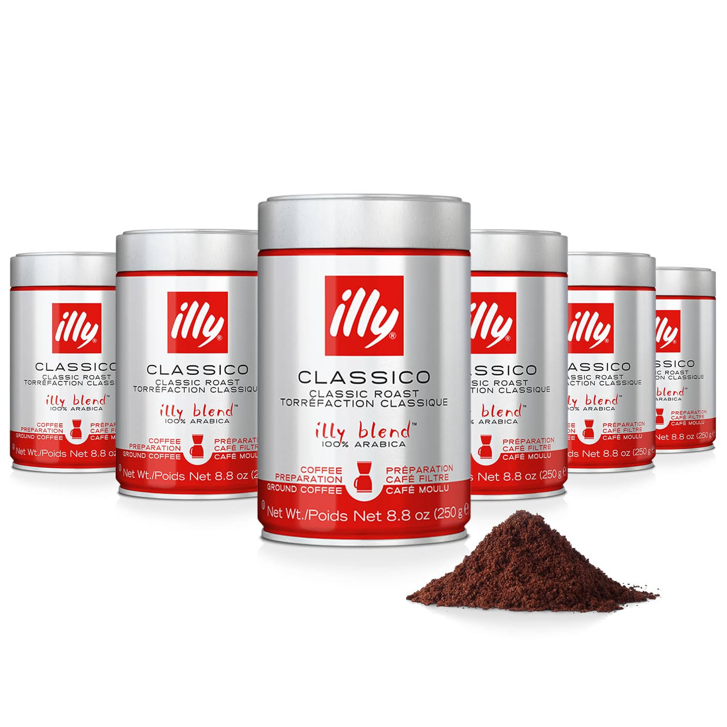 illy Drip Coffee   Ground Coffee   100% Arabica Ground Coffee – Classico Medium Roast   Notes of Caramel, Orange Blossom   Jasmine   No Preservatives – Mild   Balanced – 8.8 Ounce, 6 Pack