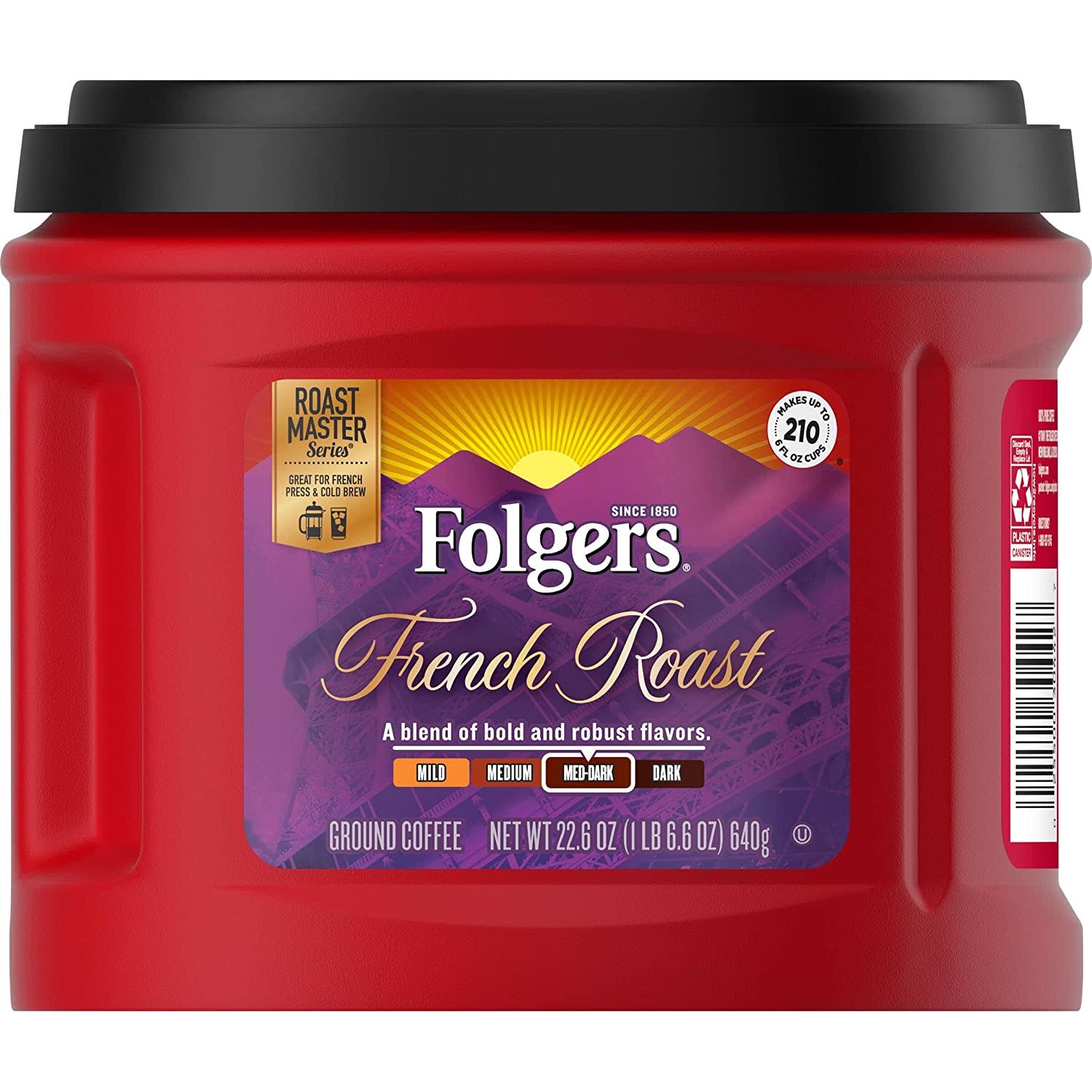 Folgers French Roast Medium Dark Roast Ground Coffee, 22.6 Ounces (Pack of 6)