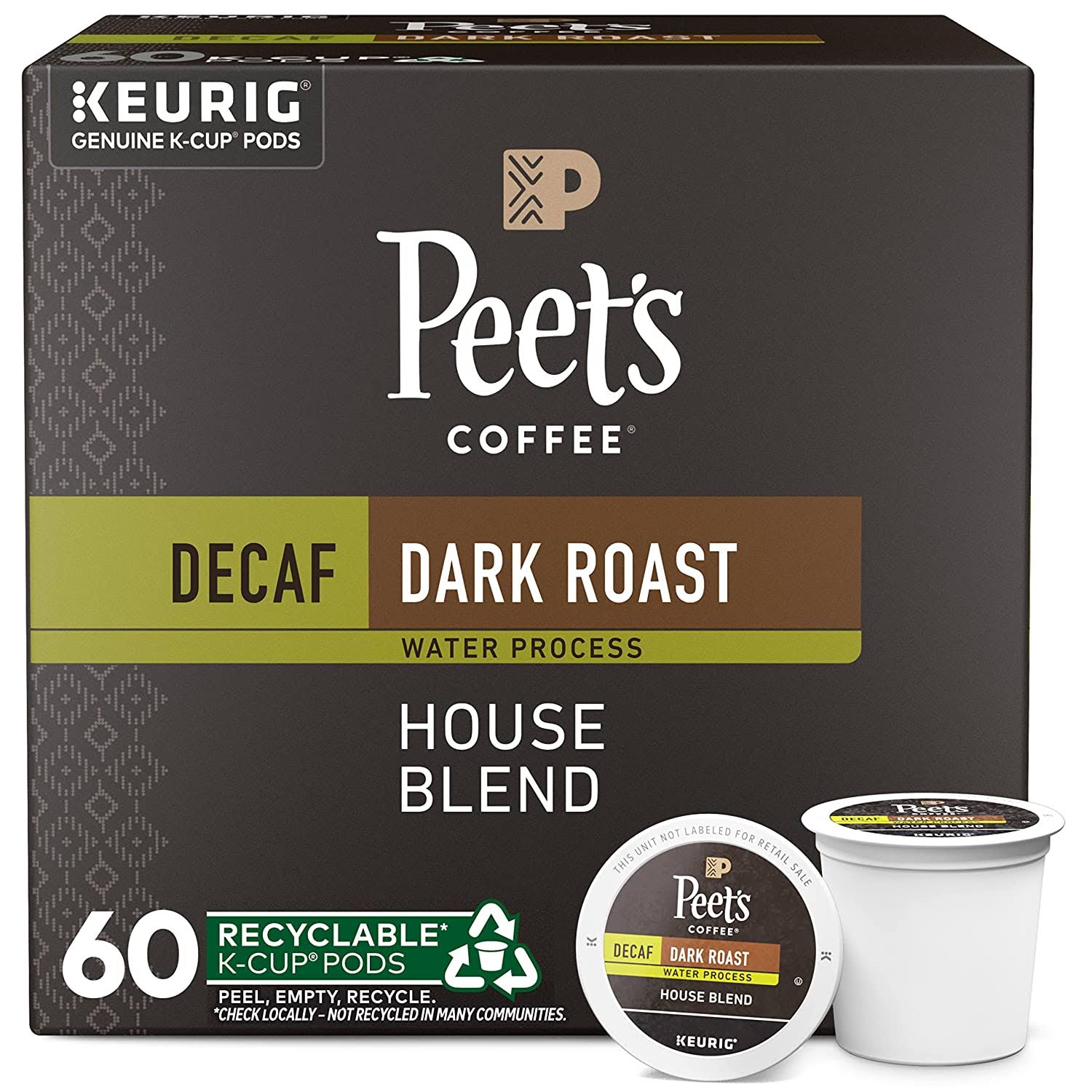 Peet s Coffee, Dark Roast Decaffeinated Coffee K-Cup Pods for Keurig Brewers   Decaf House Blend , 10 count (Pack of 6)