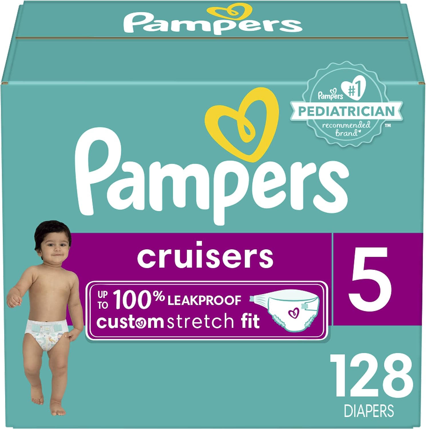 Pampers Cruisers Diapers   Size 5, One Month Supply (128 Count), Disposable Active Baby Diapers with Custom Stretch