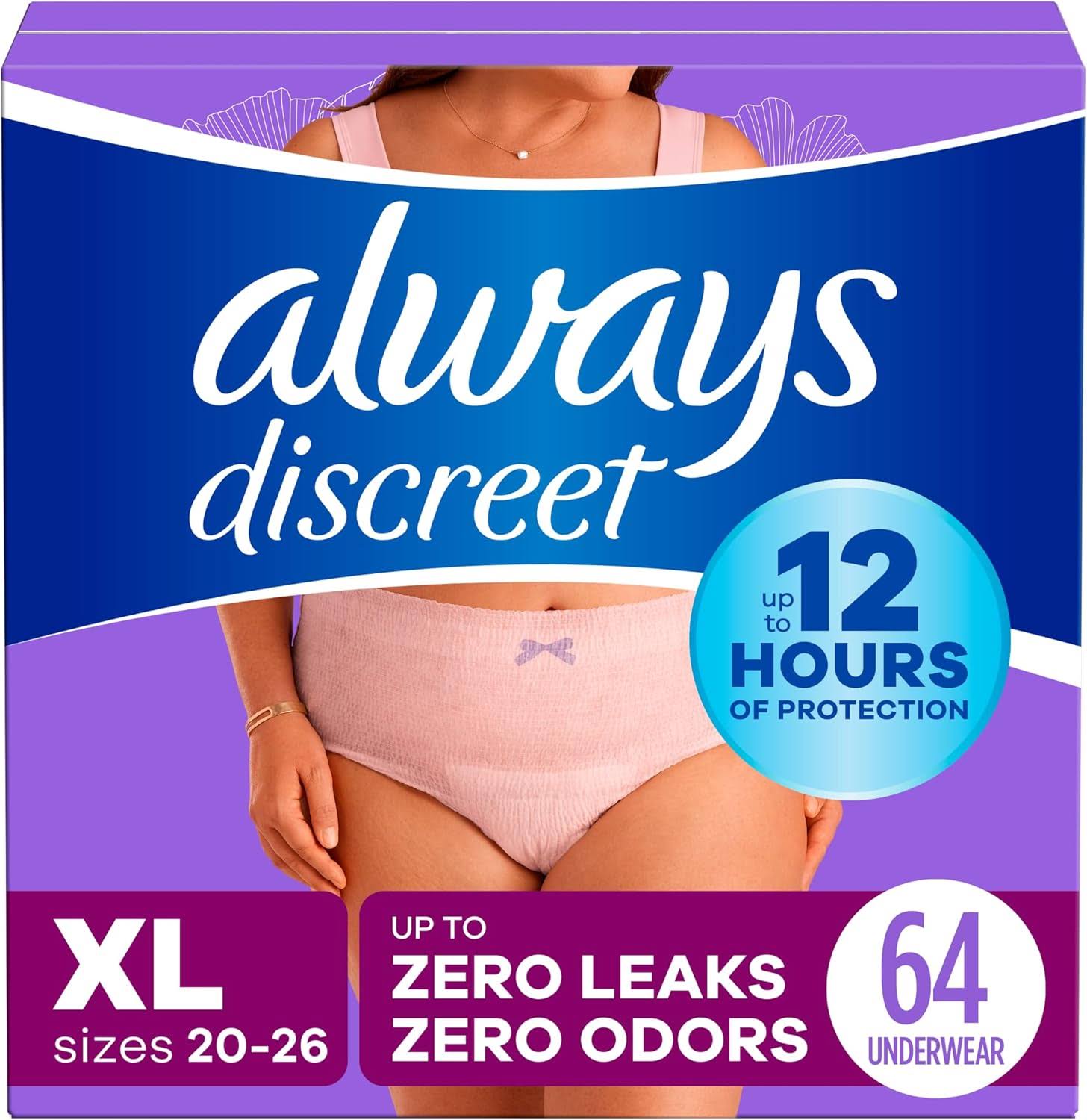 Always Discreet Adult Incontinence Underwear for Women and Postpartum Underwear, XL, Up to 100%* Bladder Leak Protection, 64 CT