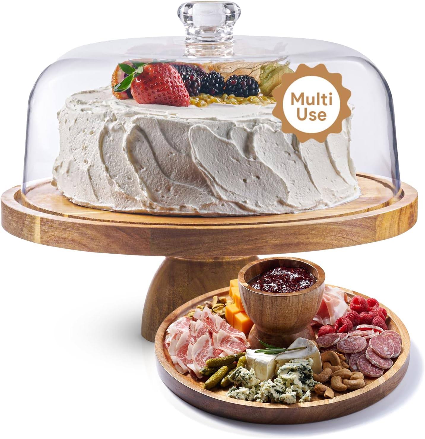 Acacia Wood Cake Stand with Lid   12in Round Cake Holder, 2-in-1 Dessert Table Display Set   Charcuterie Board for Cheese, Chips   Dips, Nachos, Fruit Platter, Large Acrylic Cake Dome Cover