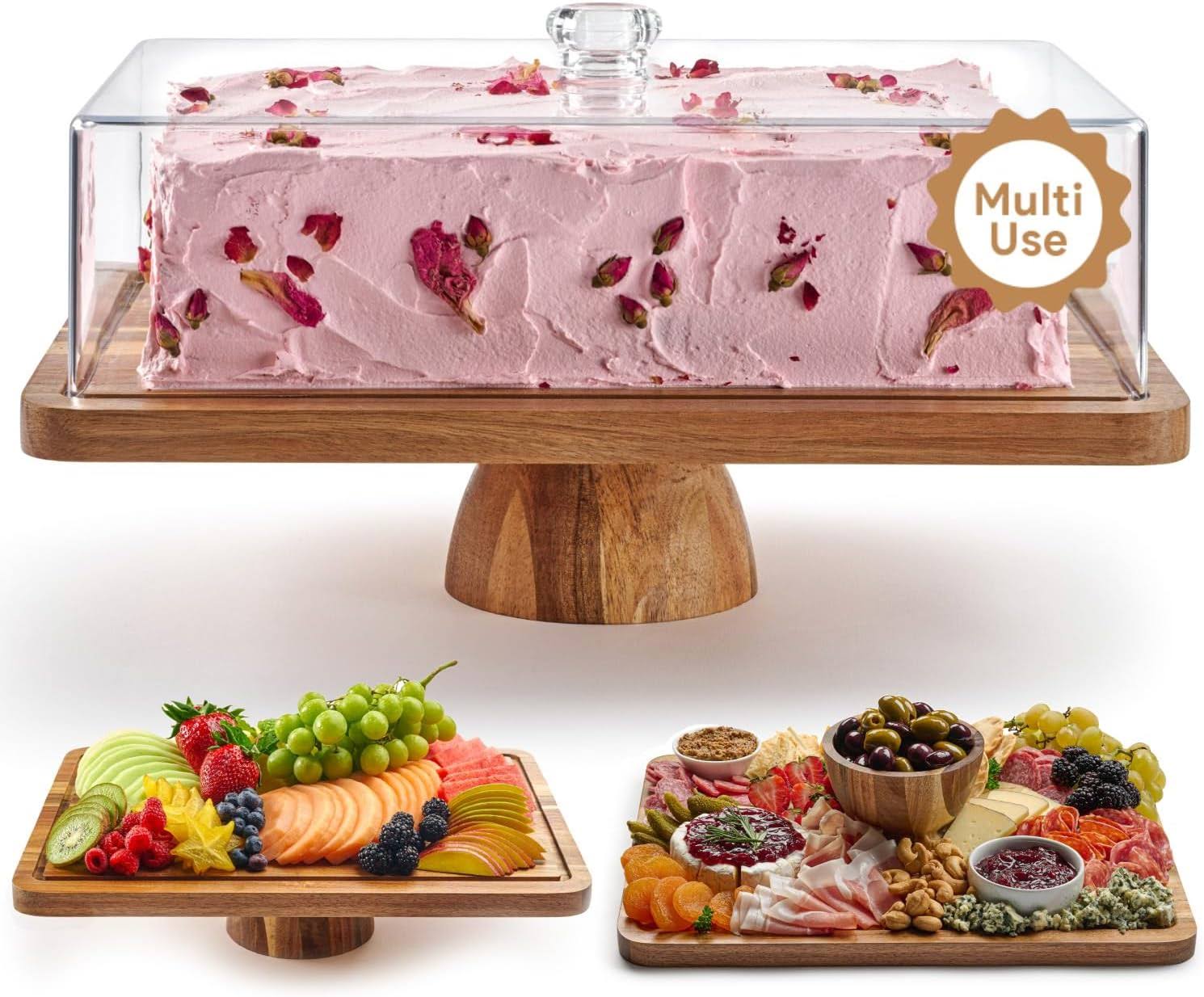 Acacia Wood Cake Stand with Lid   Rectangular Cake Holder, 2-in-1 Dessert Table Display Set   Charcuterie Board for Cheese, Chips, Fruit Platter, Large Acrylic Cake Dome Cover, No Glass
