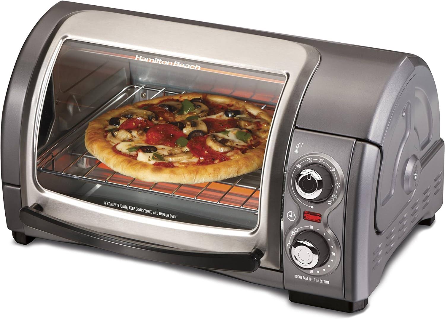 Easy Reach 4-Slice Countertop Toaster Oven With Roll-Top Door, 1200 Watts, Fits 9” Pizza, 3 Cooking Functions for Bake, Broil and Toast, Silver (31344DA)