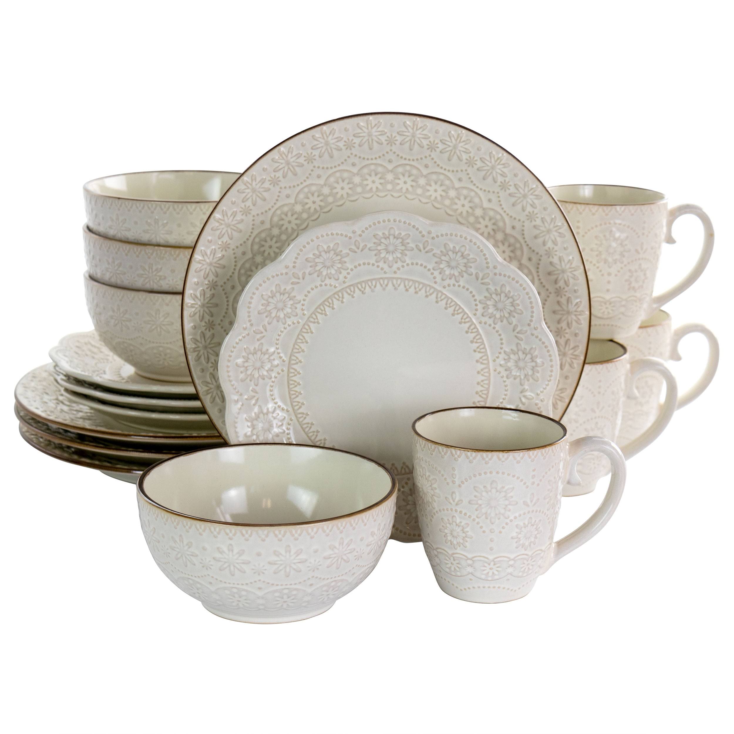 Contessa 16 Piece Embossed Scalloped Stoneware Dinnerware Set in Ivory