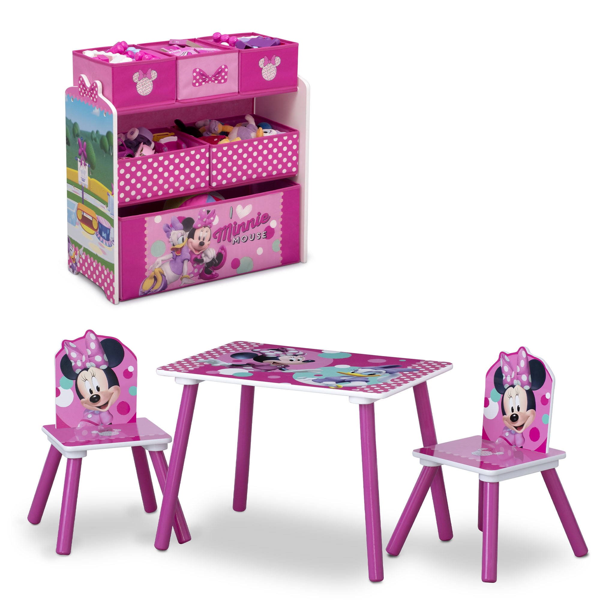 Minnie Mouse 4-Piece Wood Toddler Playroom Set – Includes Table, 2 Chairs   Toy Bin, Pink