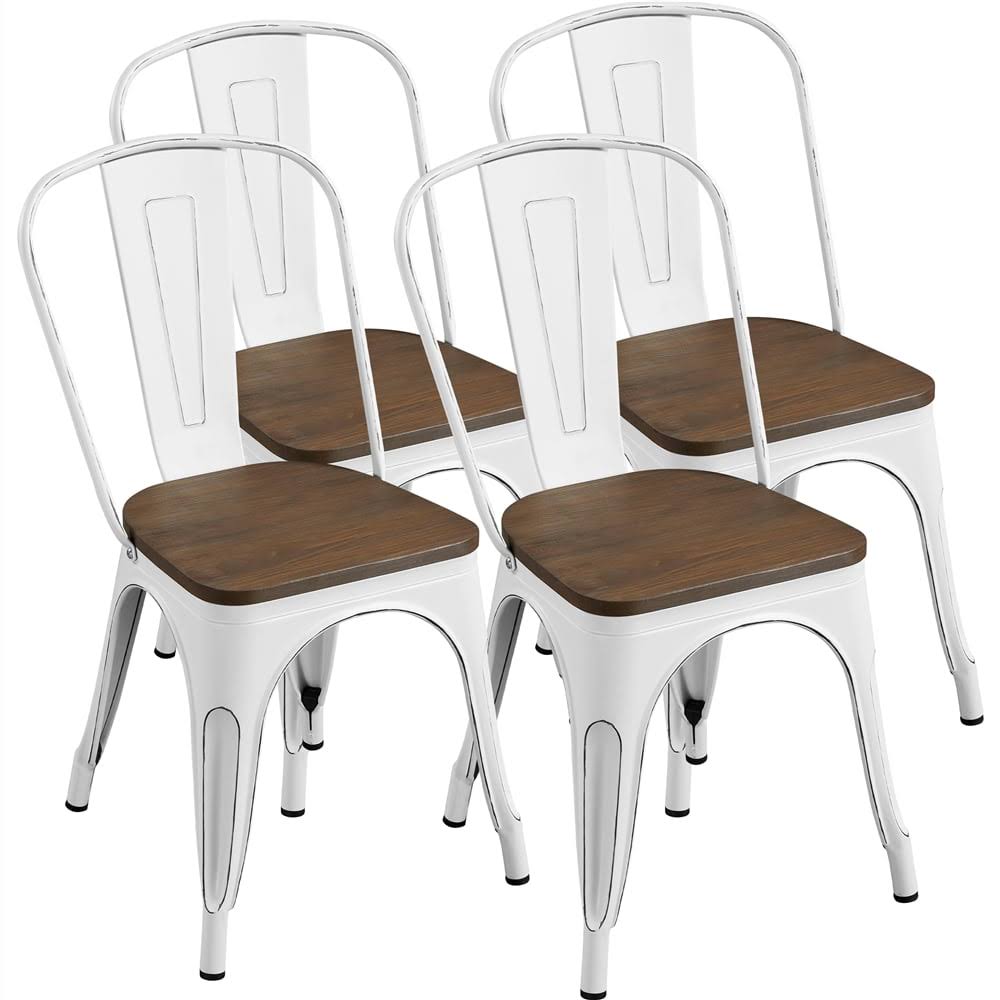 Metal Stackable Dining Chairs with Wooden Seat, Set of 4, White