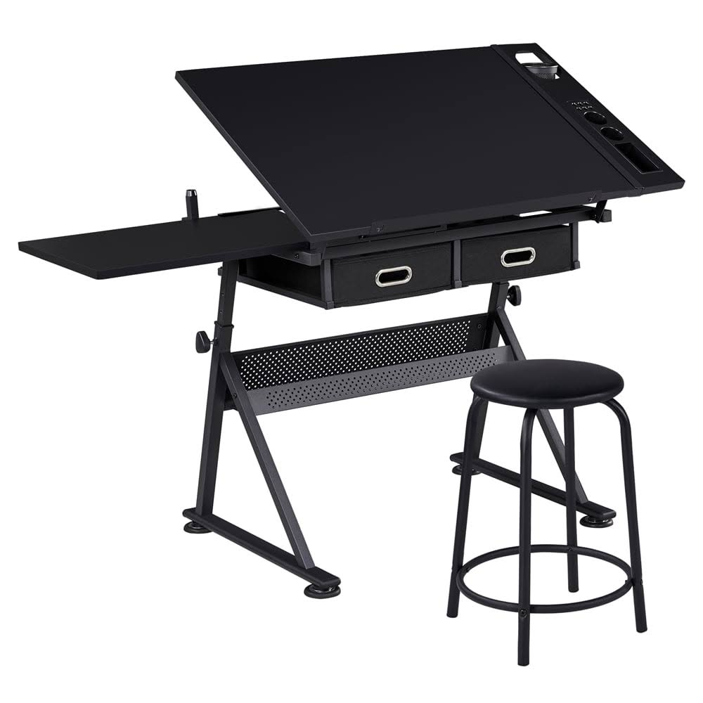Adjustable Height Drawing Table Drafting Desk with P2 Tiltable Tabletop, Stool and 2 Drawers,Black