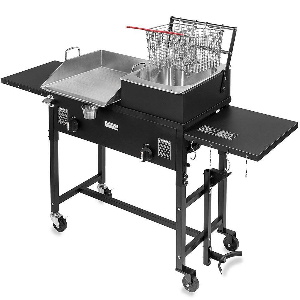 XtremepowerUS 95534-H2 45 in. Portable Outdoor Gas Propane Double Burner Grill BBQ Station in Black w/ Flat Top Griddle   Foldable Side Shelves