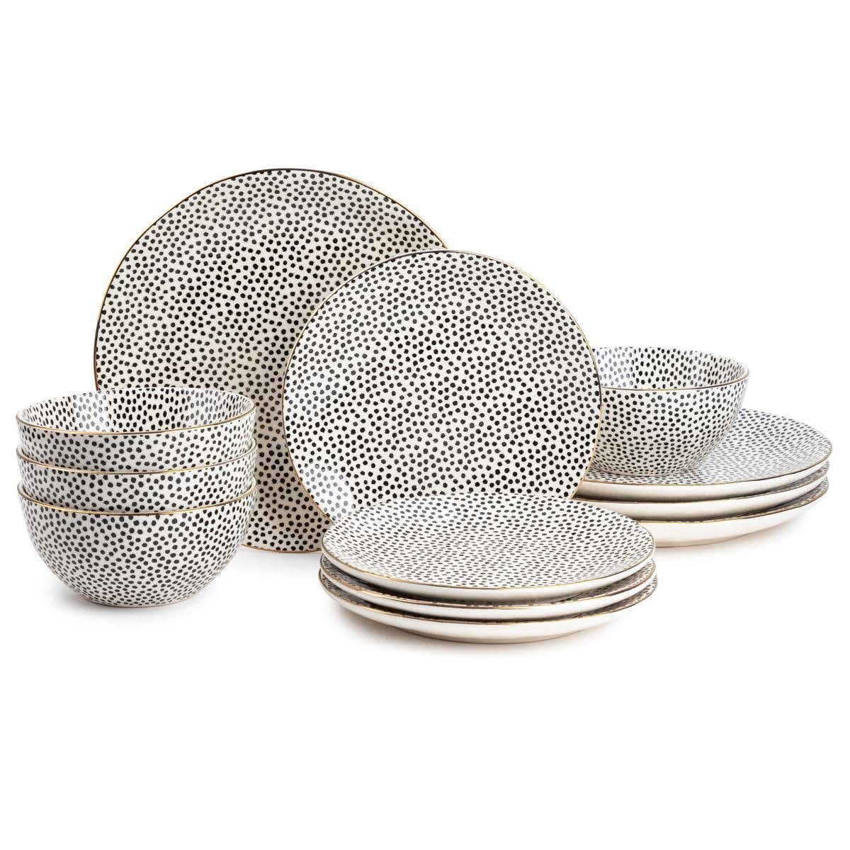 Thyme   Table Dinnerware Black   White Dot Stoneware, 12 Piece Set