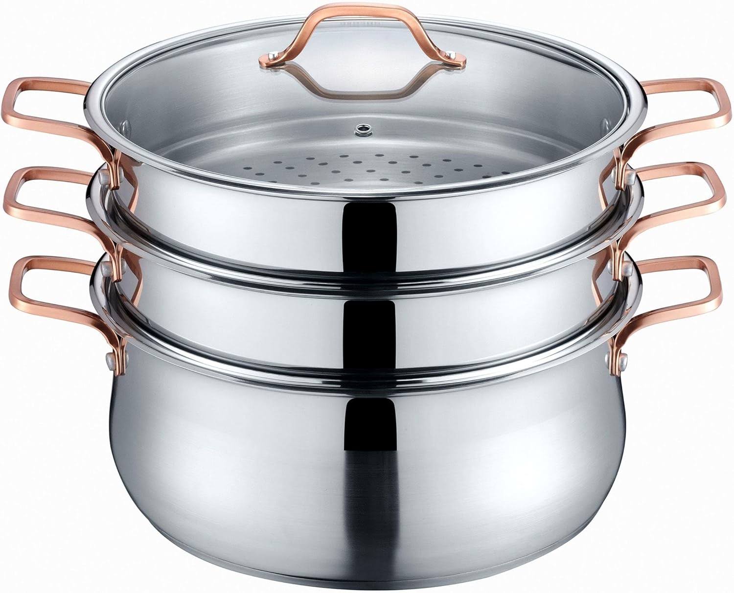 Premium Stainless Steel 3 Tier Steamer w/Rose Gold Handles 26 cm