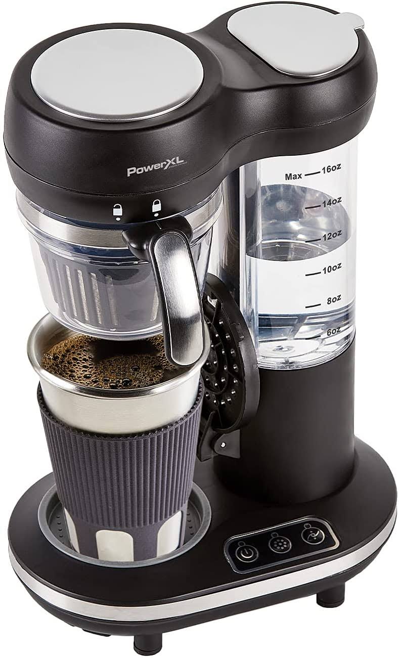 PowerXL Grind   Go, Automatic Single Serve Coffee Maker with Grinder Built-in and 16 oz. Travel Mug, Single Cup Drip Coffee Machine, Stainless Steel Blades, CL-004, Black