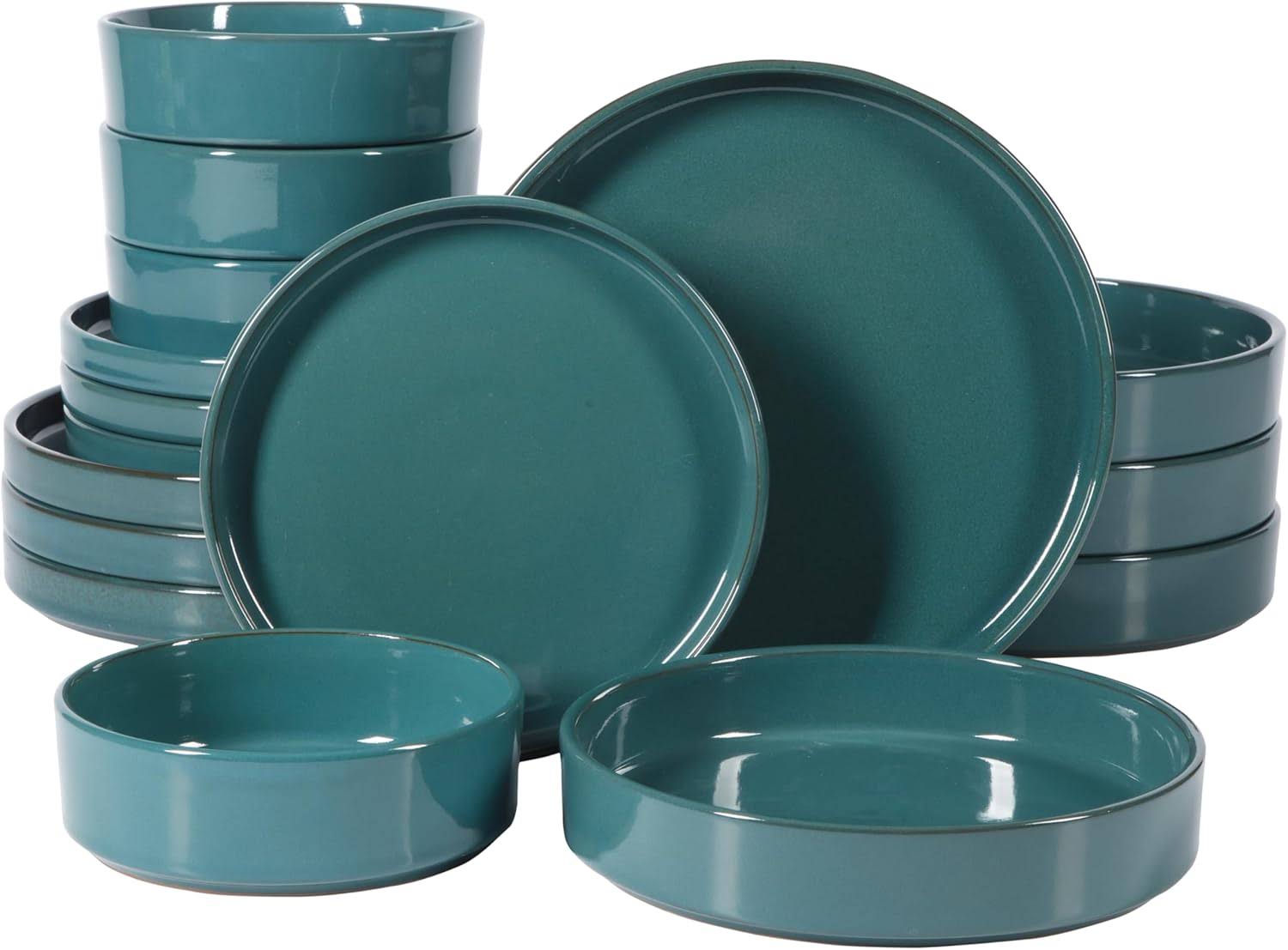Santorini Mist Double Bowl Terracotta Reactive Glaze Plates and Bowls Dinnerware Set   Jade Blue Green, Service for Four (16pcs)