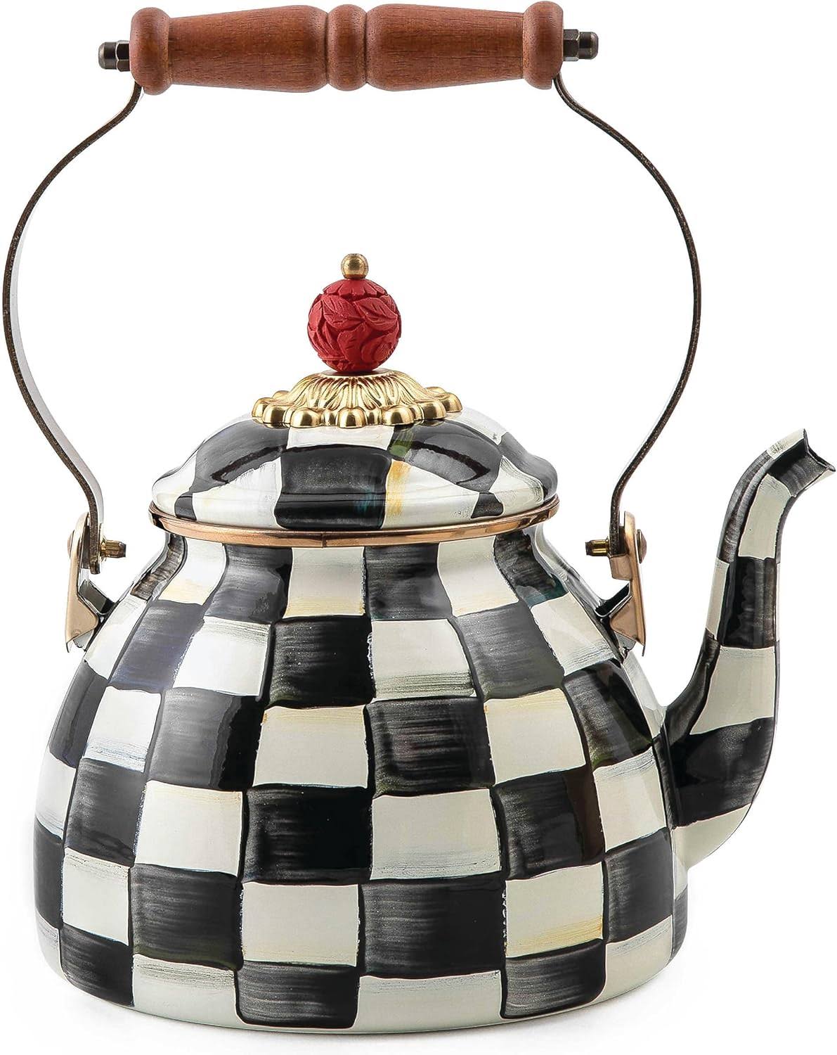 Enamel Tea Kettle, Stylish Tea Kettle for Stovetop, Black-and-White Courtly Check, 2 Quarts