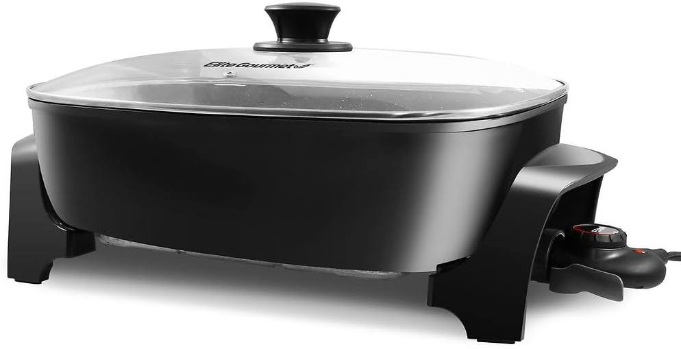 EG-6203# Extra Deep 16 x13 x3.2  (10.5Qt.) Scratch Resistant, Easy Pour Spout Dishwasher Safe, Non-stick Electric Skillet with Glass Vented Lid, Adjustable Temperature, Black