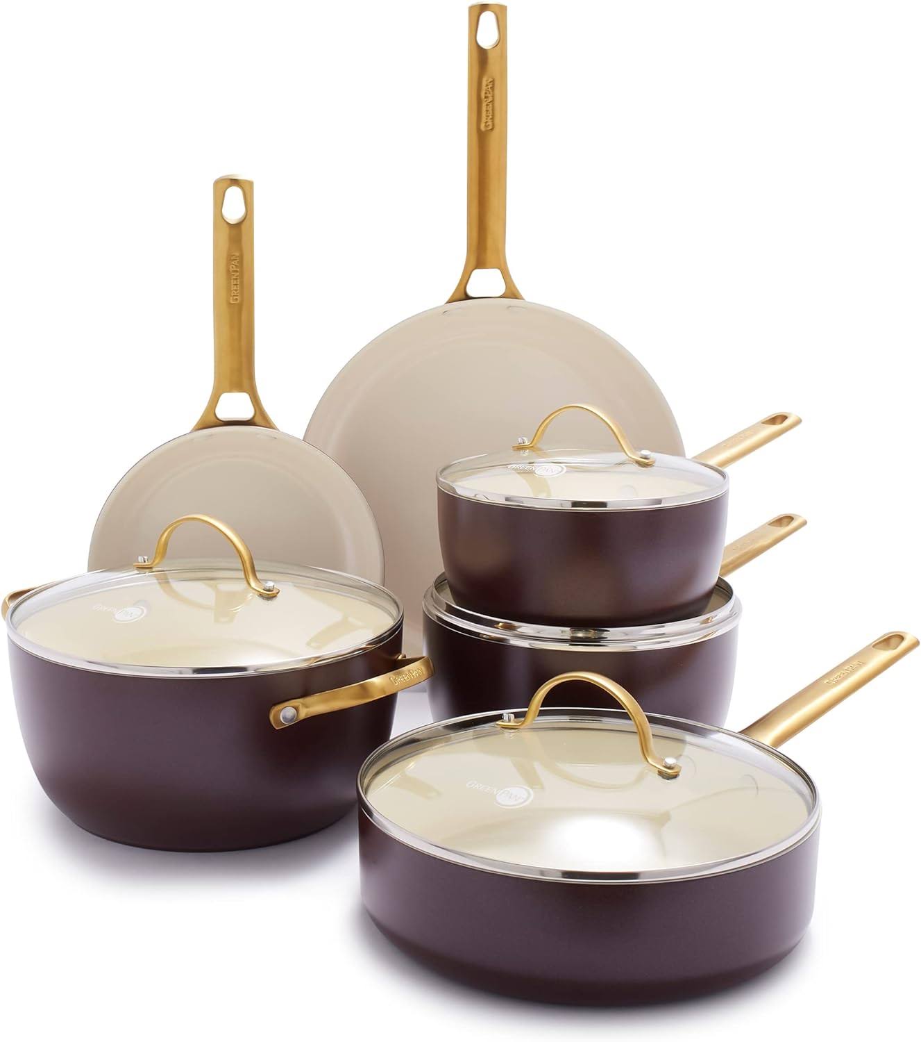 Reserve Hard Anodized Healthy Ceramic Nonstick 10 Piece Cookware Pots and Pans Set, Gold Handle, PFAS-Free, Dishwasher Safe, Oven Safe, Merlot Purple