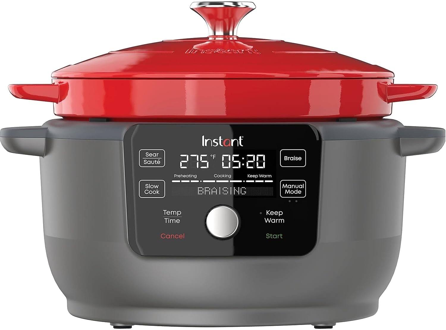 6-Quart 1500W Electric Dutch Oven with Recipe Book   Braise, Slow Cook, Sear, Warm, Red Enameled Cast Iron
