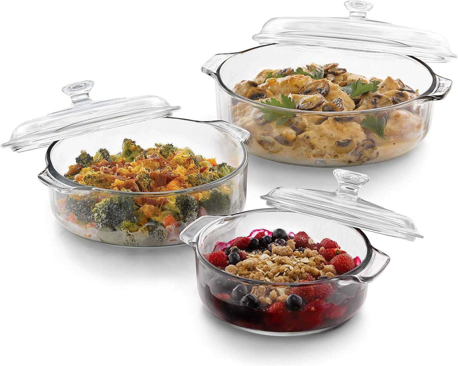 Libbey 56030 Baker s Basics 3-Piece Covered Casserole Dishes, Versatile Glass Baking Dishes for Oven, Clear Lead-Free Casserole Cookware