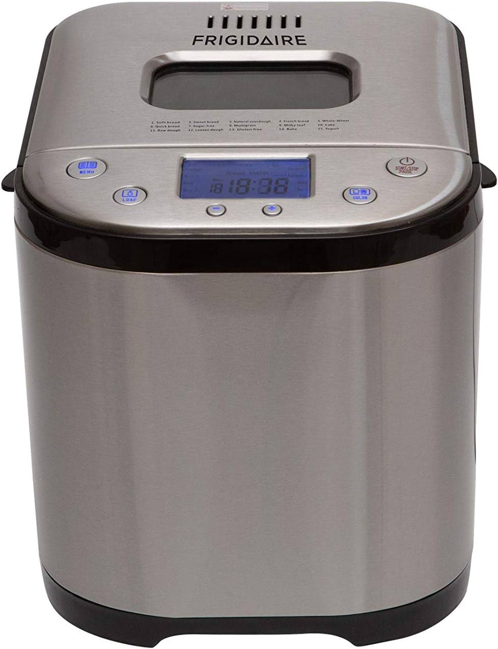 FRIGIDAIRE Bread Maker Machine with Nonstick Bowl, Bread Hook, Measuring Cup   Spoon. 15-in-1, Gluten-Free Bread, Cake  Yogurt, 3 Crust Colour options and more. 3 Loaf Sizes. 2LB XL- Stainless Steel