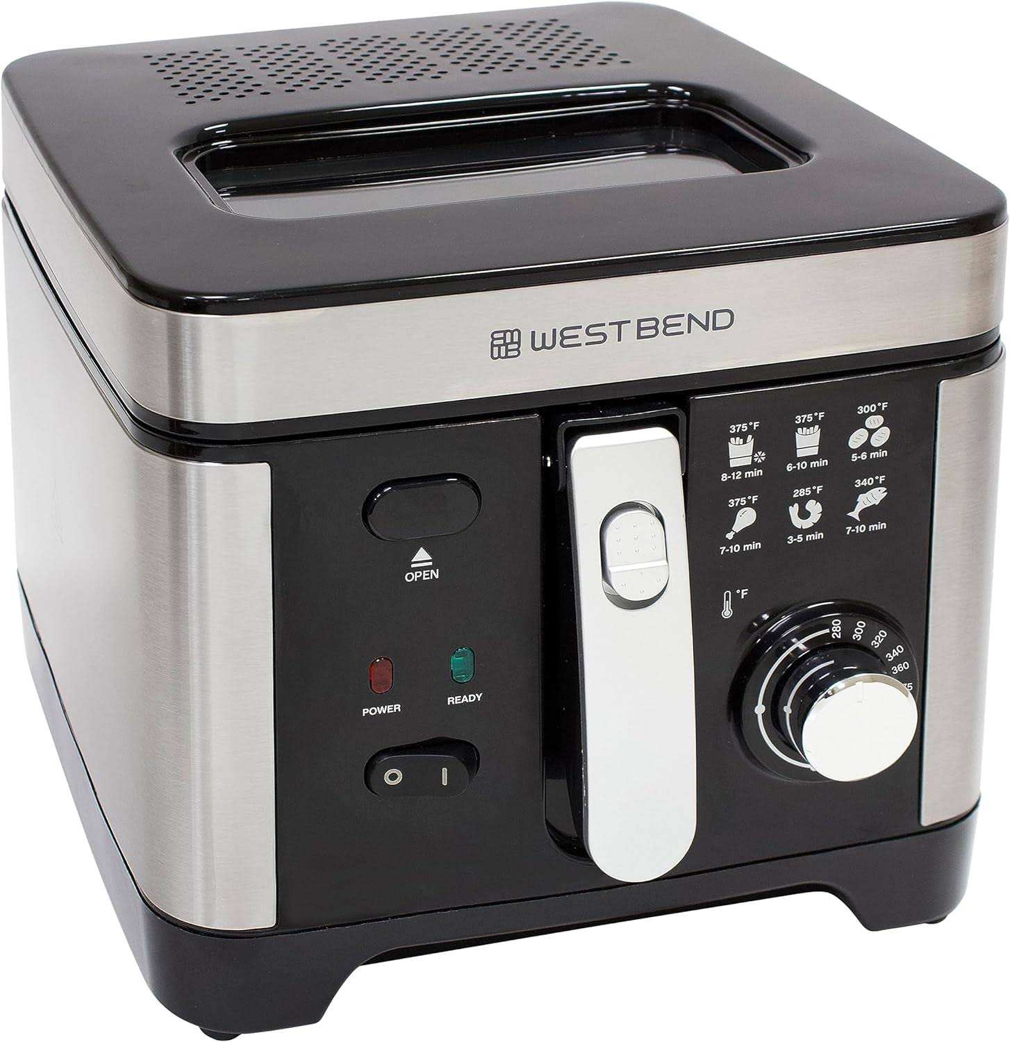 West Bend Deep Fryer with Adjustable Temperature Control Nonstick Basket Easy-View Window and Temperature Guide, Folding Handle and Locking Cover for Easy Storage, 3-Liter, Silver,Black, DFWB3LBK13
