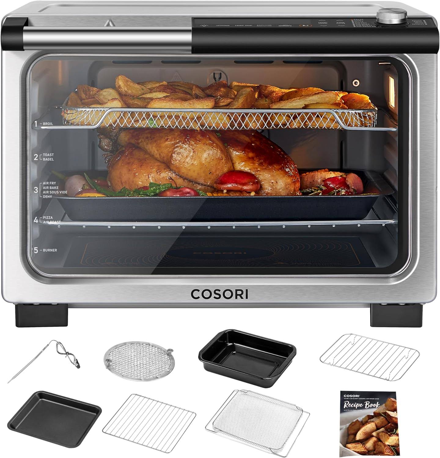 13-in-1 26-Quart Ceramic Air Fryer Toaster Oven Combo, Mother s Day Gift, Flat-Sealed Heating Elements for Easy Cleanup, Innovative Burner Function, 7 Accessories   Recipes, CCO-R251-SUS
