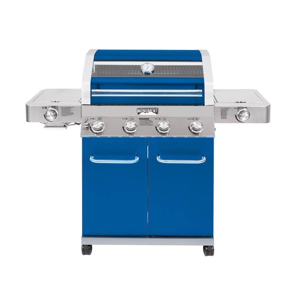 Monument Grills 35633B 4-Burner Propane Gas Grill in Blue with Clear View Lid, LED Controls, Side and Sear Burners
