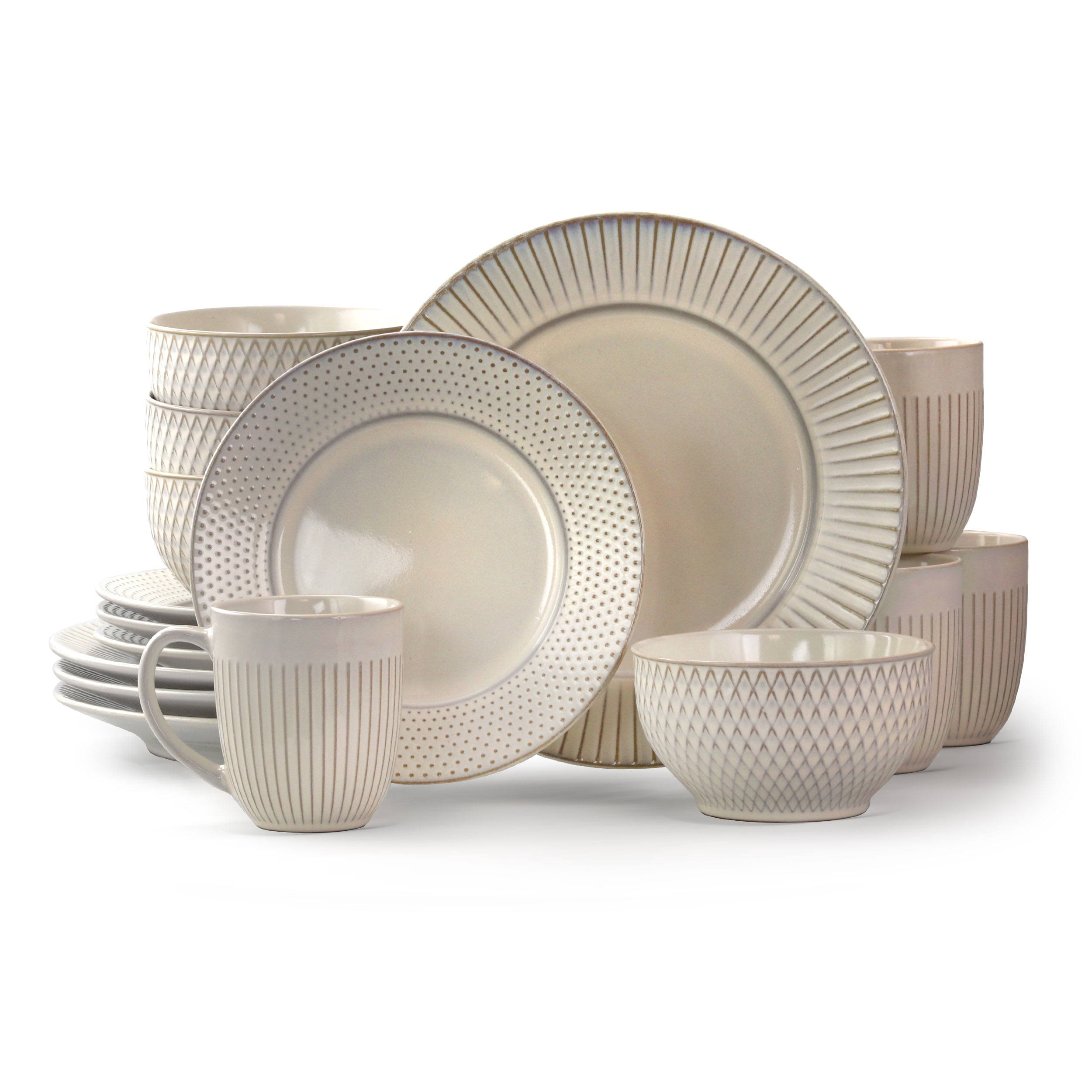 Market Finds 16 Piece Round Stoneware Dinnerware Set in Embossed White