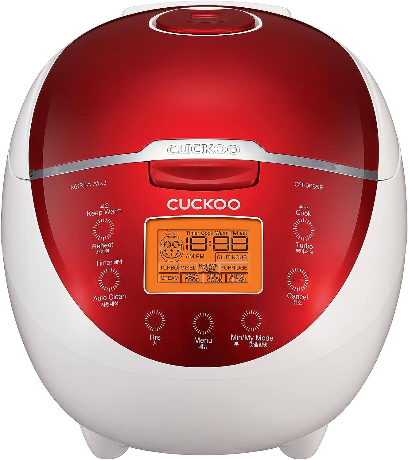 CR-0655F | 6-Cup (Uncooked) Micom Rice Cooker | 12 Menu Options: White Rice, Brown Rice   More, Nonstick Inner Pot, Designed in Korea | Red/White