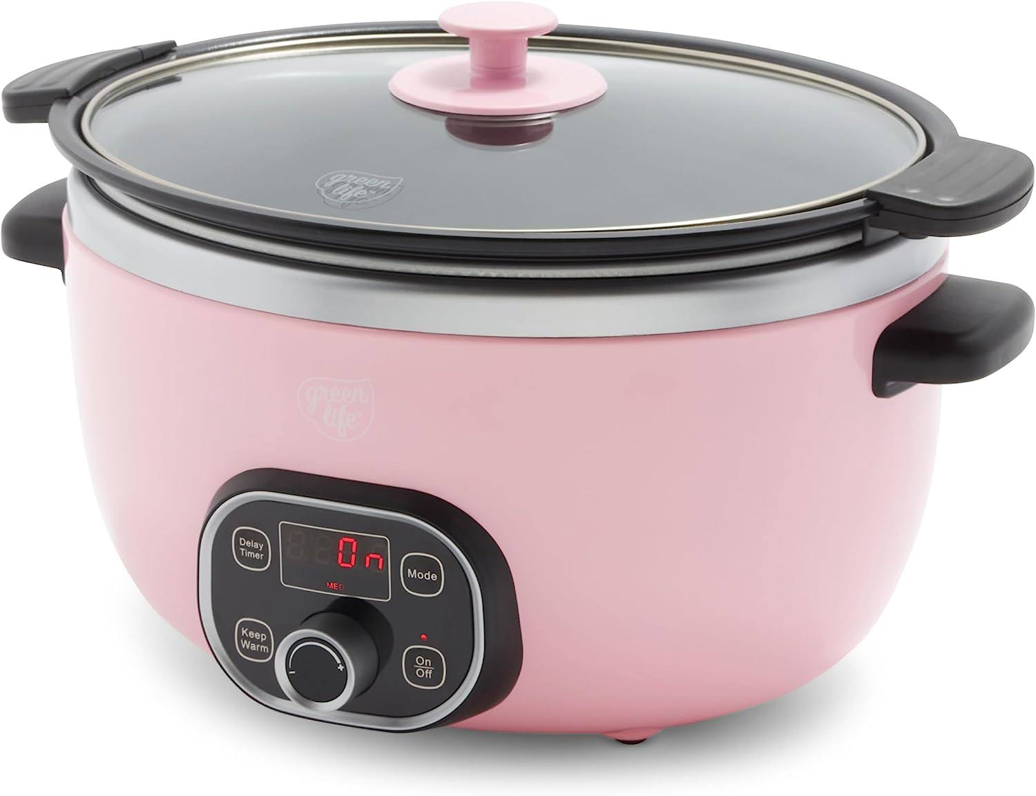 Cook Duo Healthy Ceramic Nonstick Programmable 6 Quart Family-Sized Slow Cooker, PFAS-Free, Removable Lid and Pot, Digital Timer, Dishwasher Safe Parts, Pink