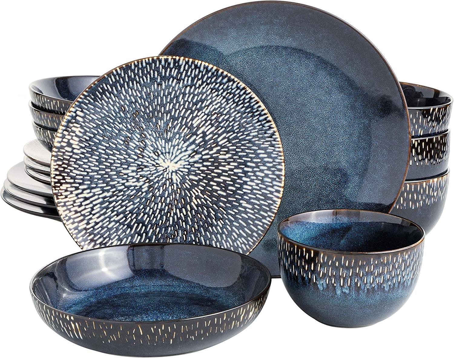 Elite Matisse 16 Piece Double Bowl Dinnerware Set, Cobalt Blue