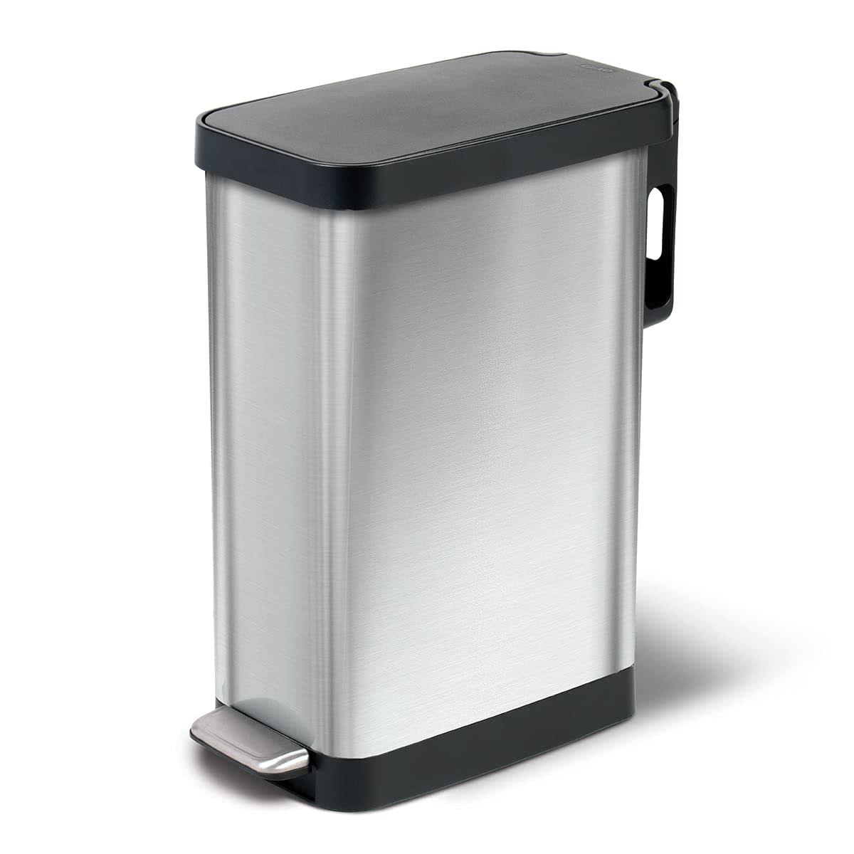 Slim Trash Can with Clorox Odor Protection   Narrow Kitchen Garbage Bin with Soft Close Lid, Step On Foot Pedal and Waste Bag Roll Holder, Stainless Steel, 45 Liter