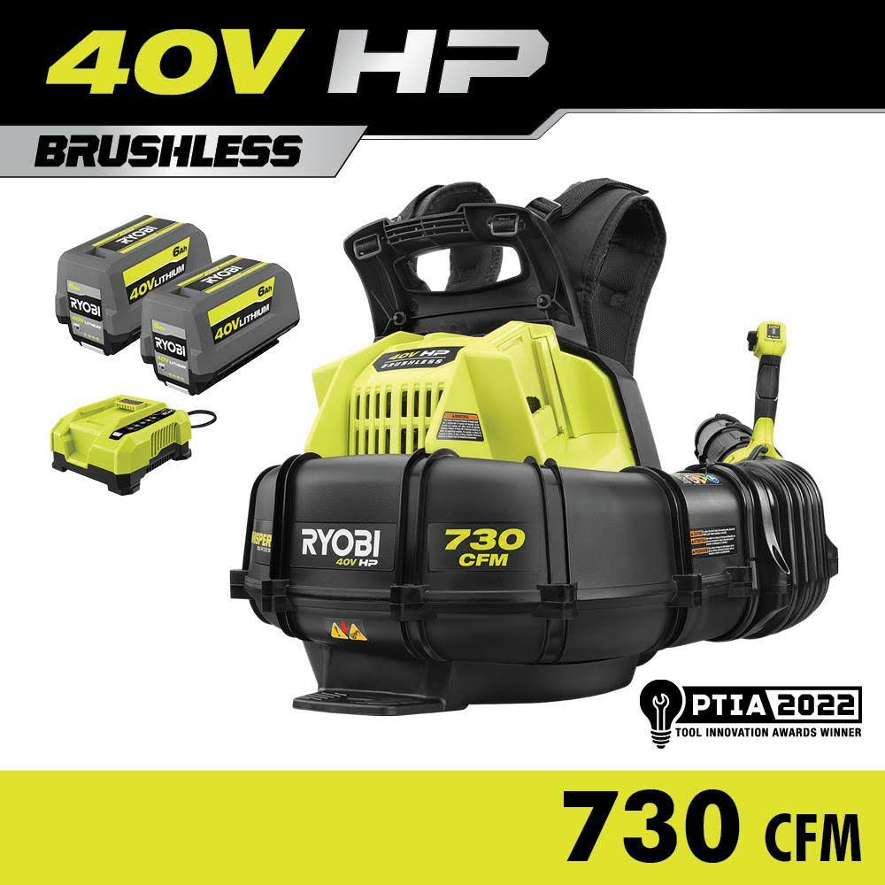 RY404170 40V HP Brushless Whisper Series 165 MPH 730 CFM Cordless Battery Backpack Blower with (2) 6.0 Ah Batteries and Charger